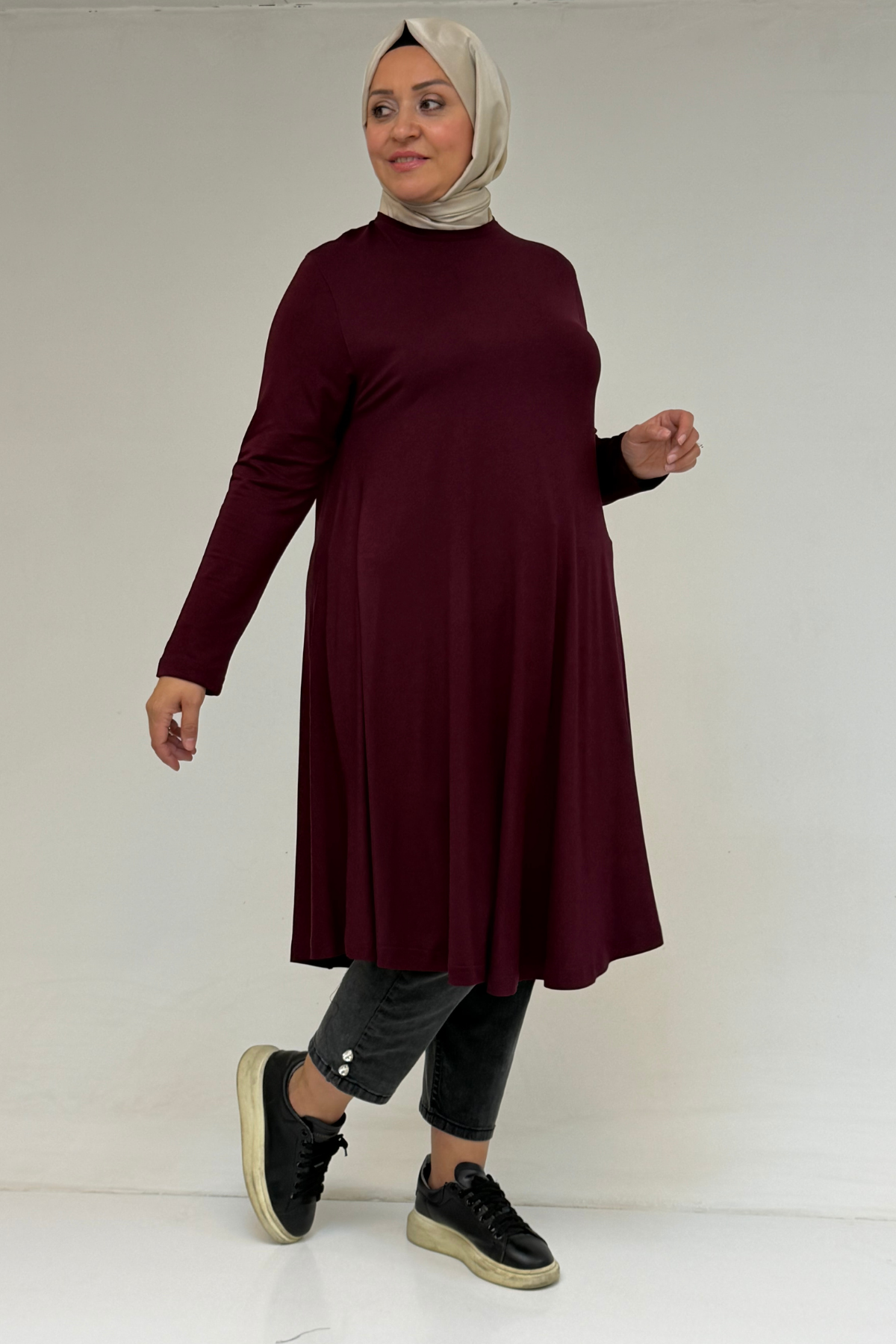 28016 Büyük Beden Mevlana Penye Tunik - Bordo