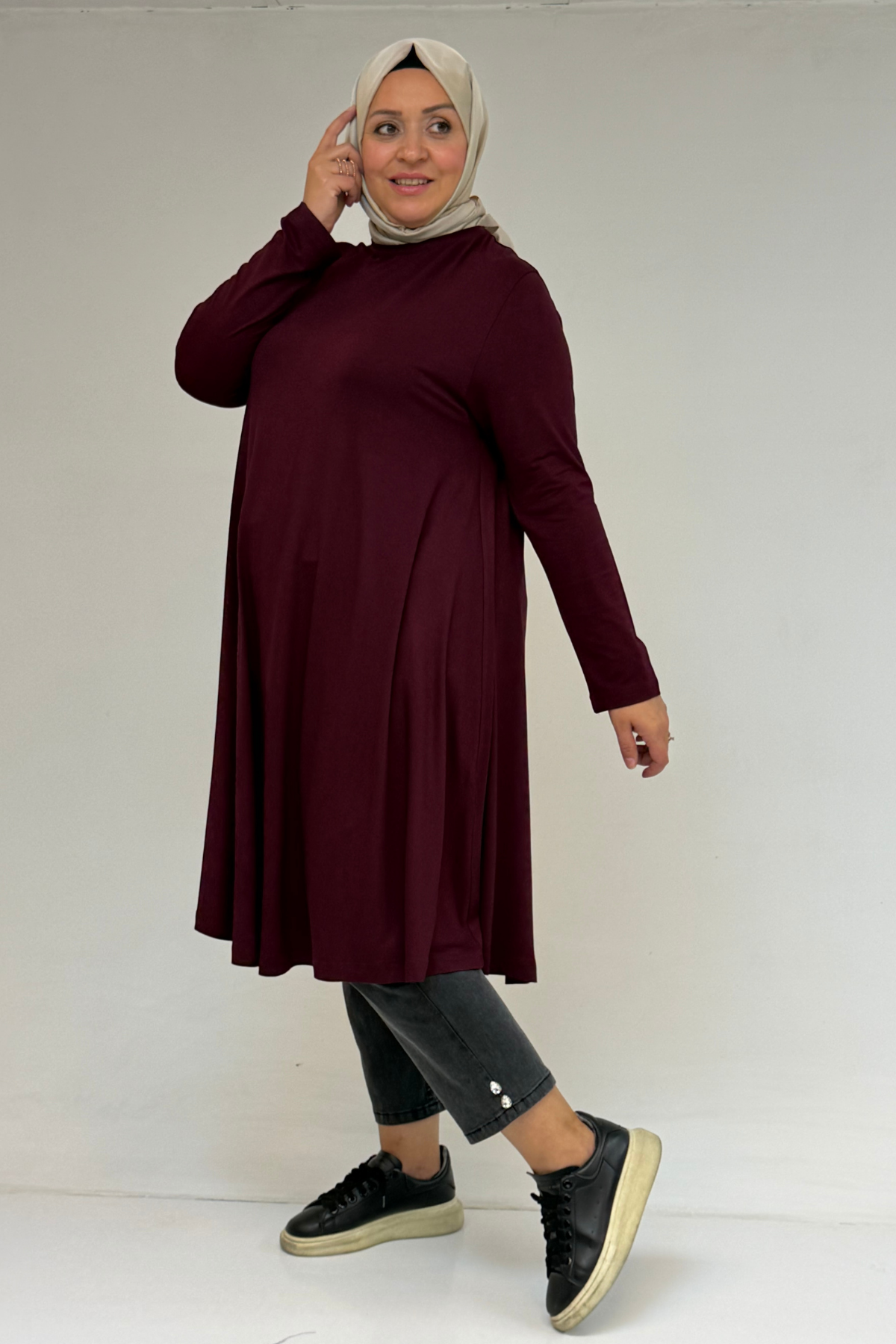 28016 Büyük Beden Mevlana Penye Tunik - Bordo