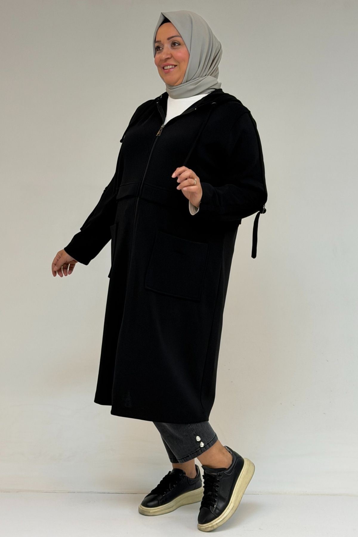 53071 Büyük Beden Kapüşonlu Patlı Çelik Ceket - Siyah