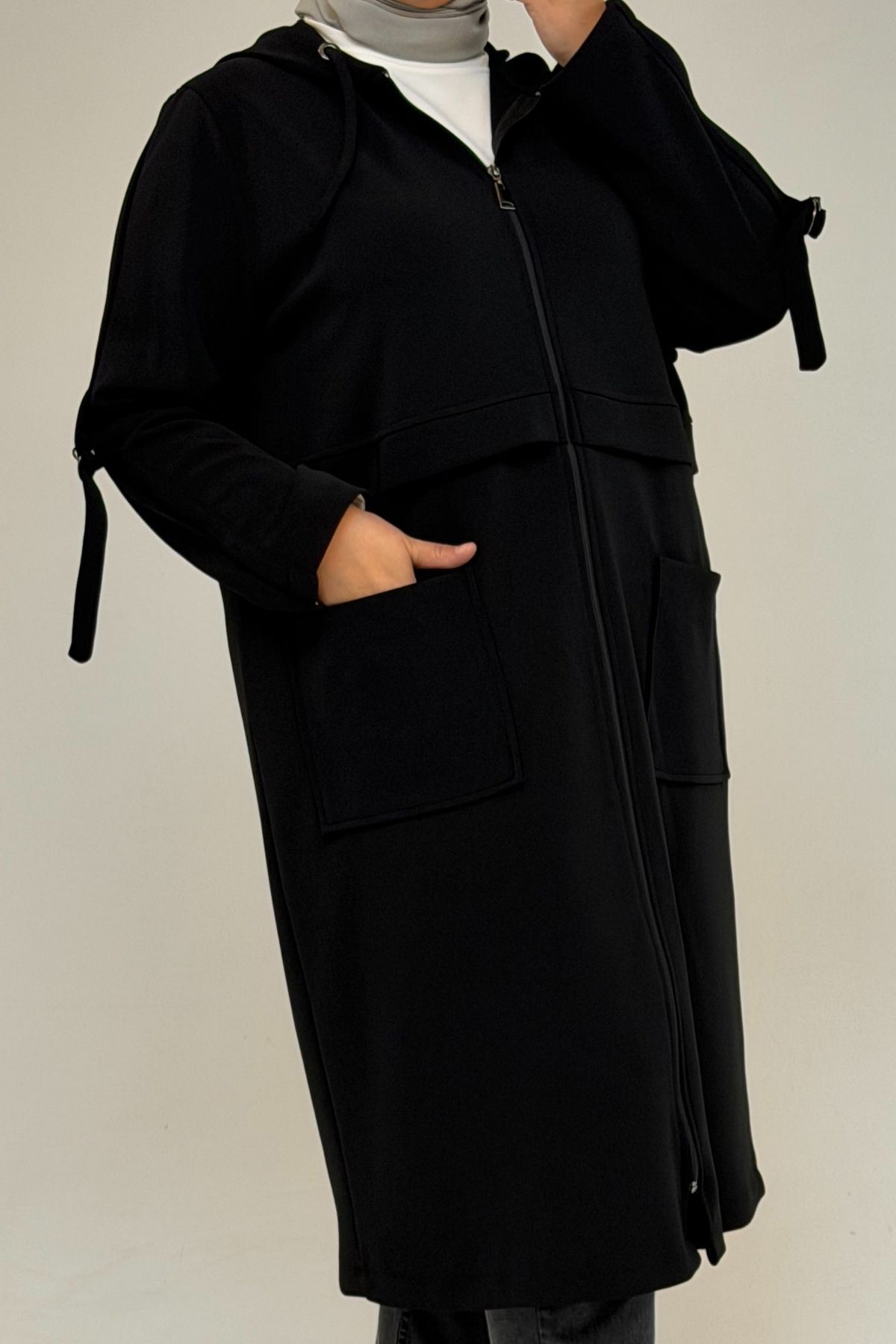 53071 Büyük Beden Kapüşonlu Patlı Çelik Ceket - Siyah