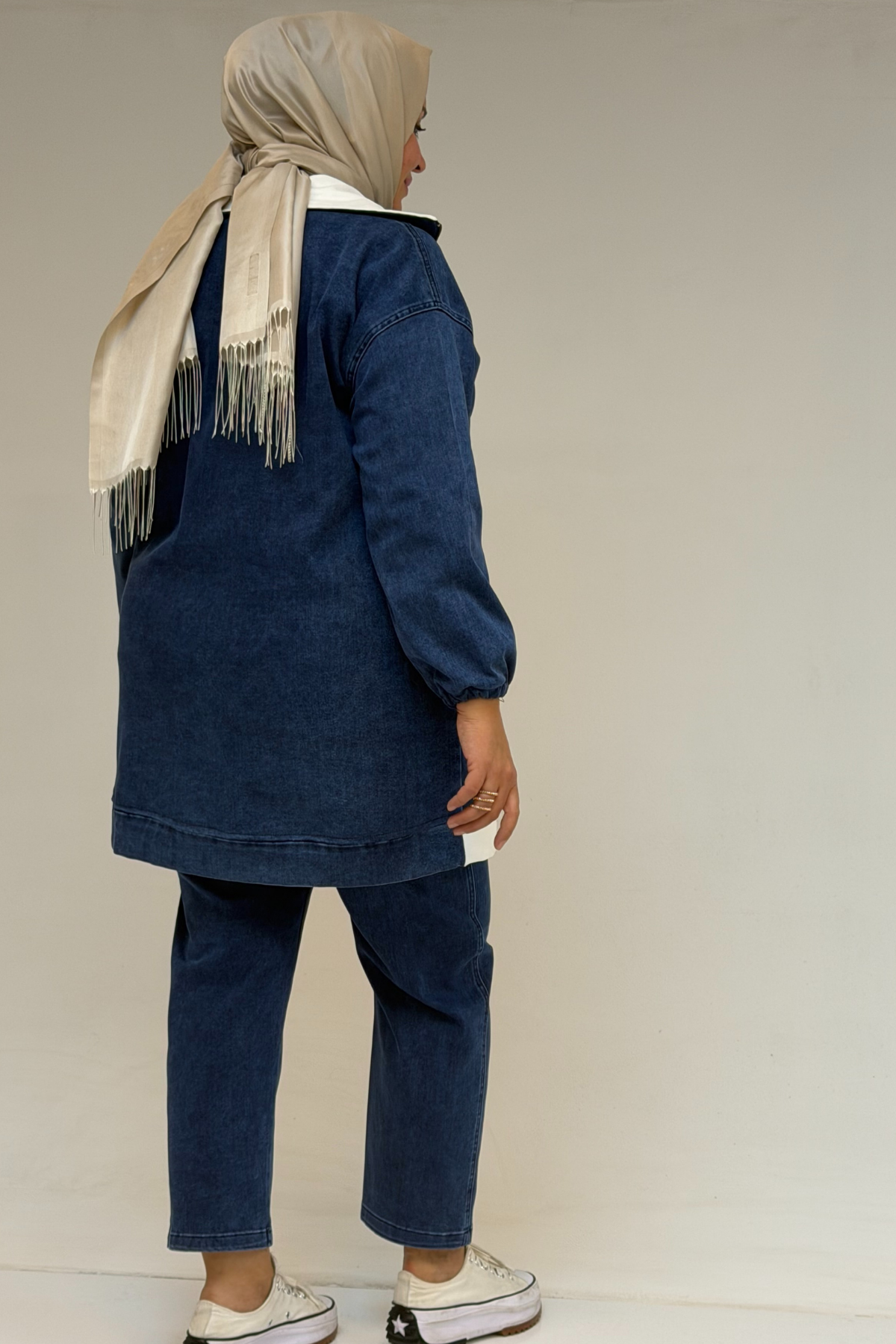 57081 Büyük Beden İki İplik Kombinli Kot Pantolonlu Takım - Lacivert