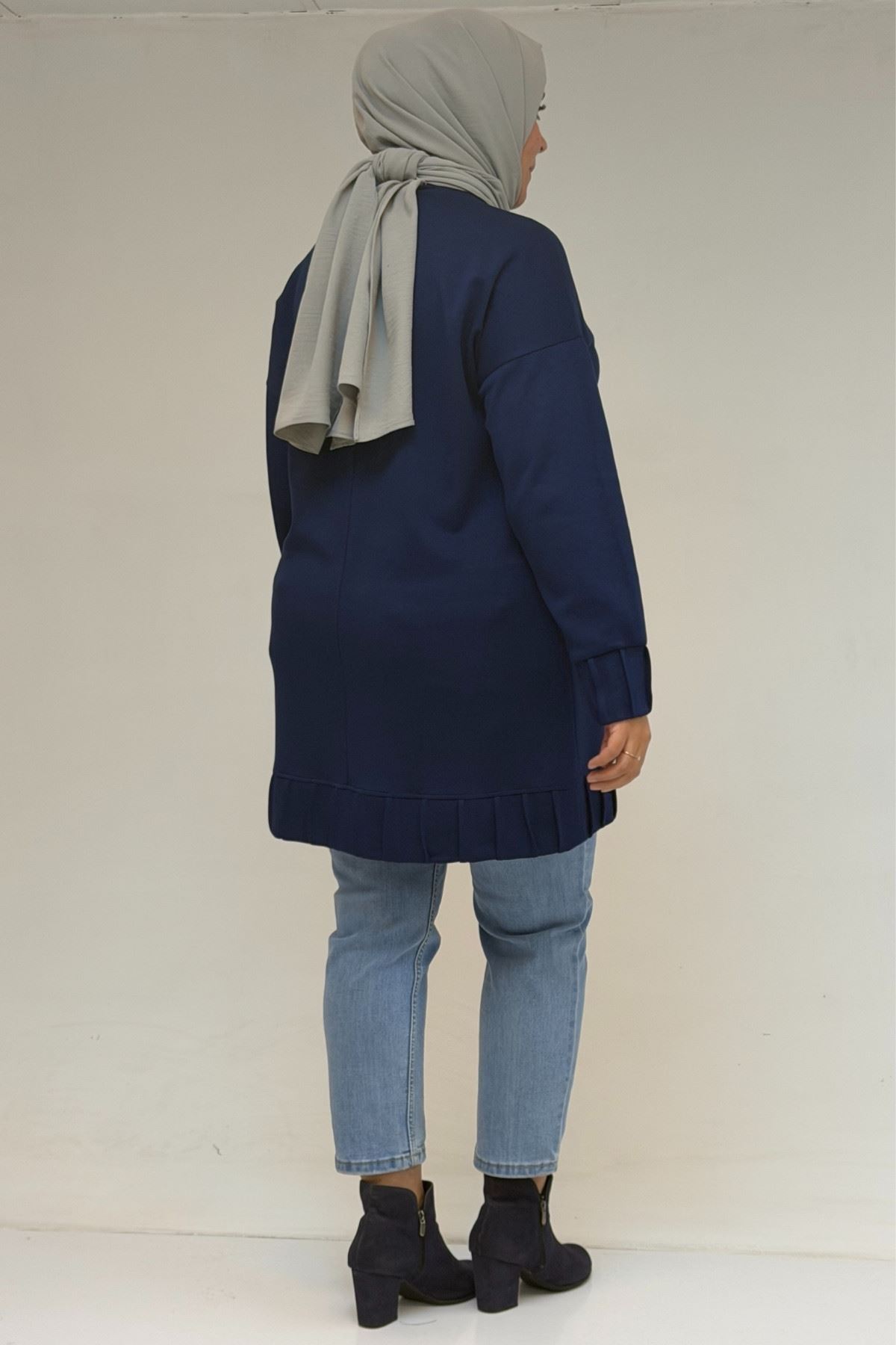 58173 Büyük Beden Çıma Detaylı Modal Tunik - İndigo