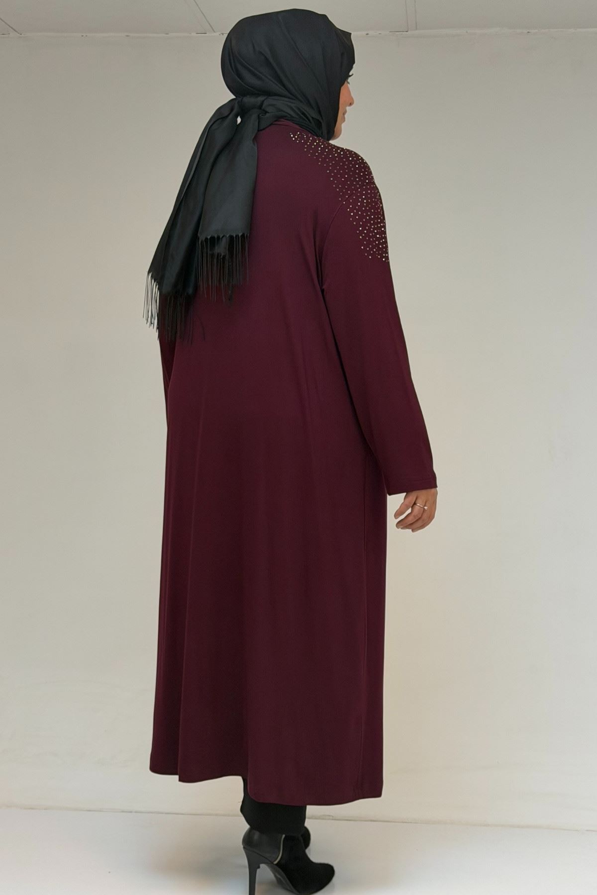 53069 Büyük Beden Omzu Taş Detaylı Penye Ceket - Bordo