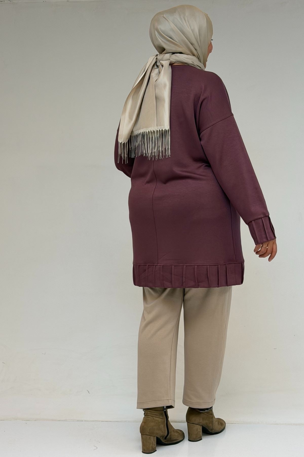 58173 Büyük Beden Çıma Detaylı Modal Tunik - Gül Kurusu