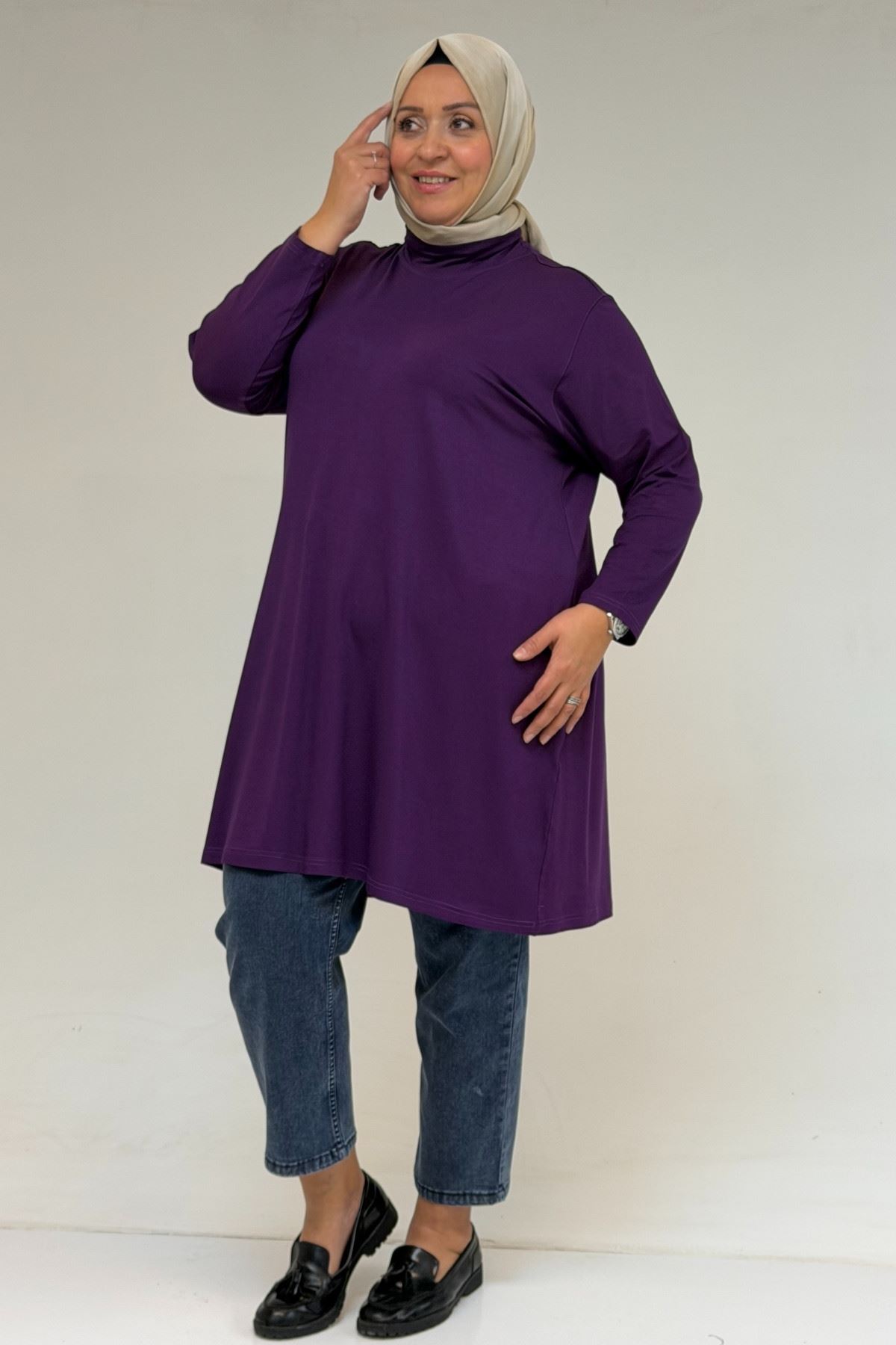 58175 Büyük Beden Boğazlı Yaka Basic Penye Tunik - Mor