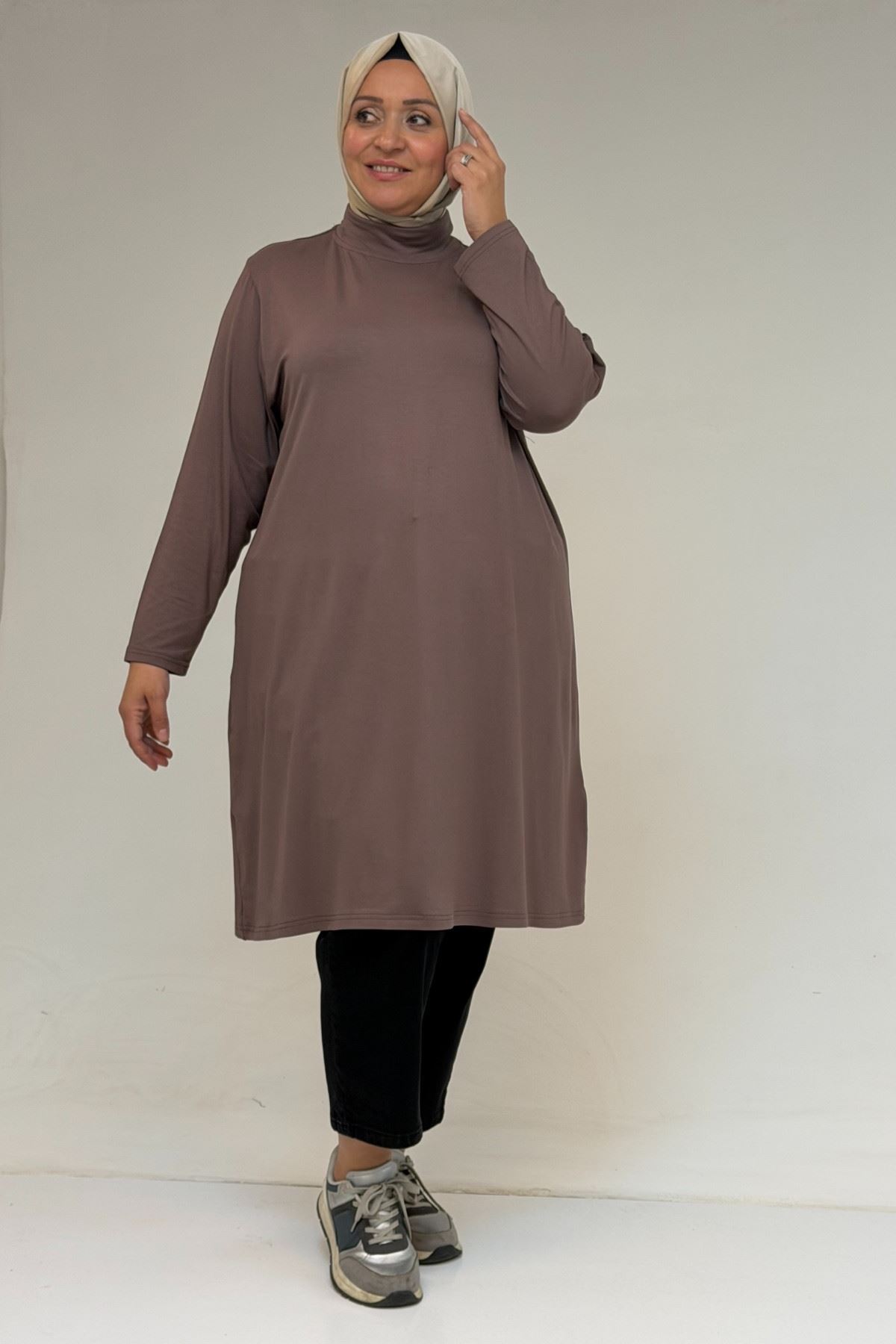 58175 Büyük Beden Boğazlı Yaka Basic Penye Tunik - Vizon