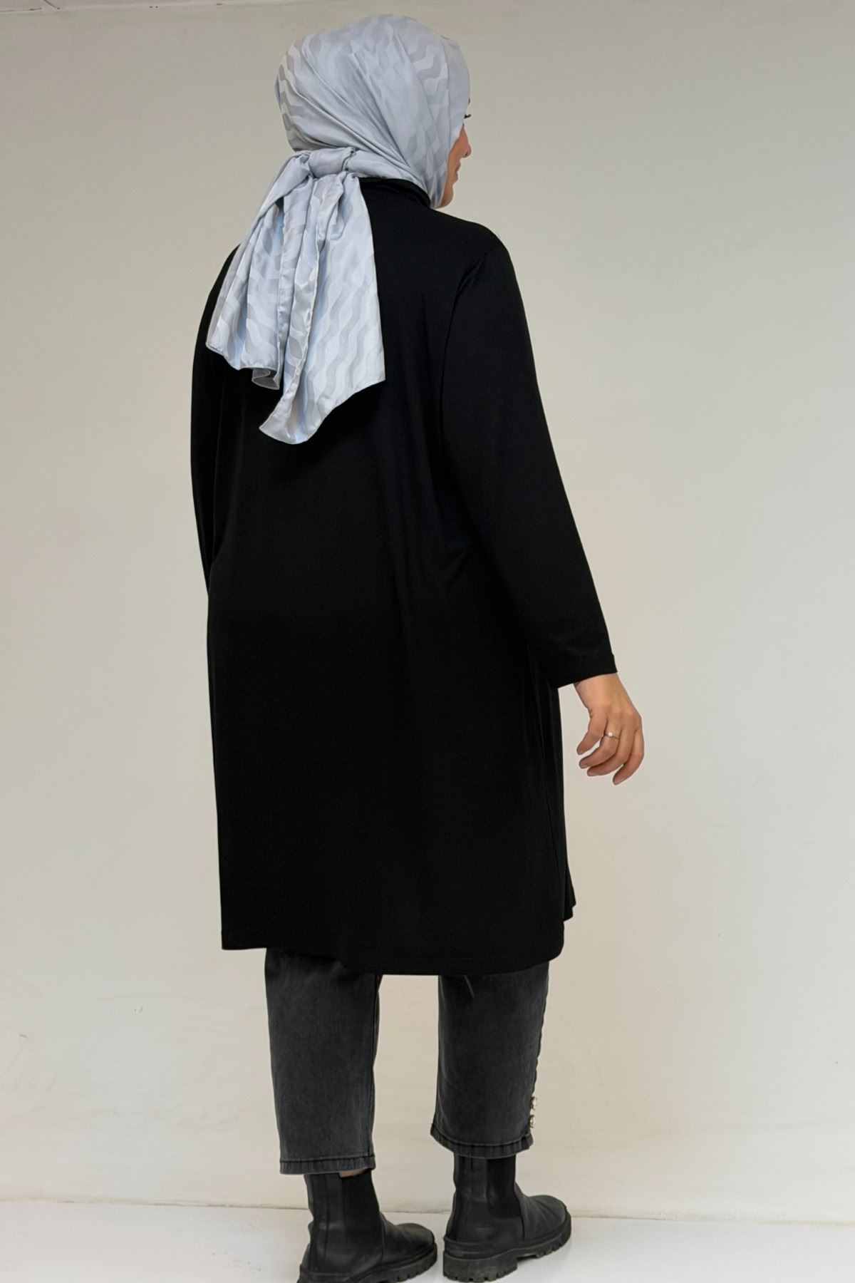 58175 Büyük Beden Boğazlı Yaka Basic Penye Tunik - Siyah