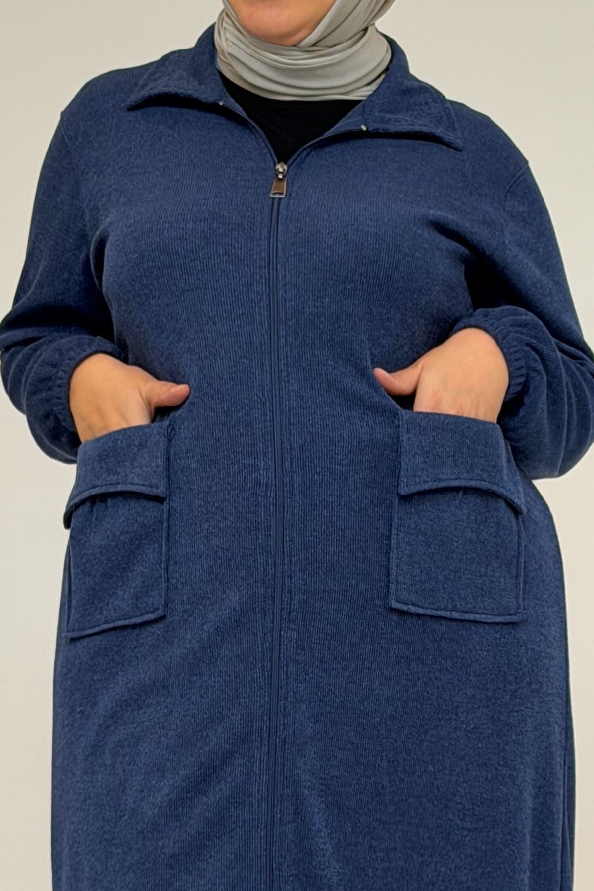 53064 Büyük Beden Fermuarlı Detaylı Mir Ceket - İndigo