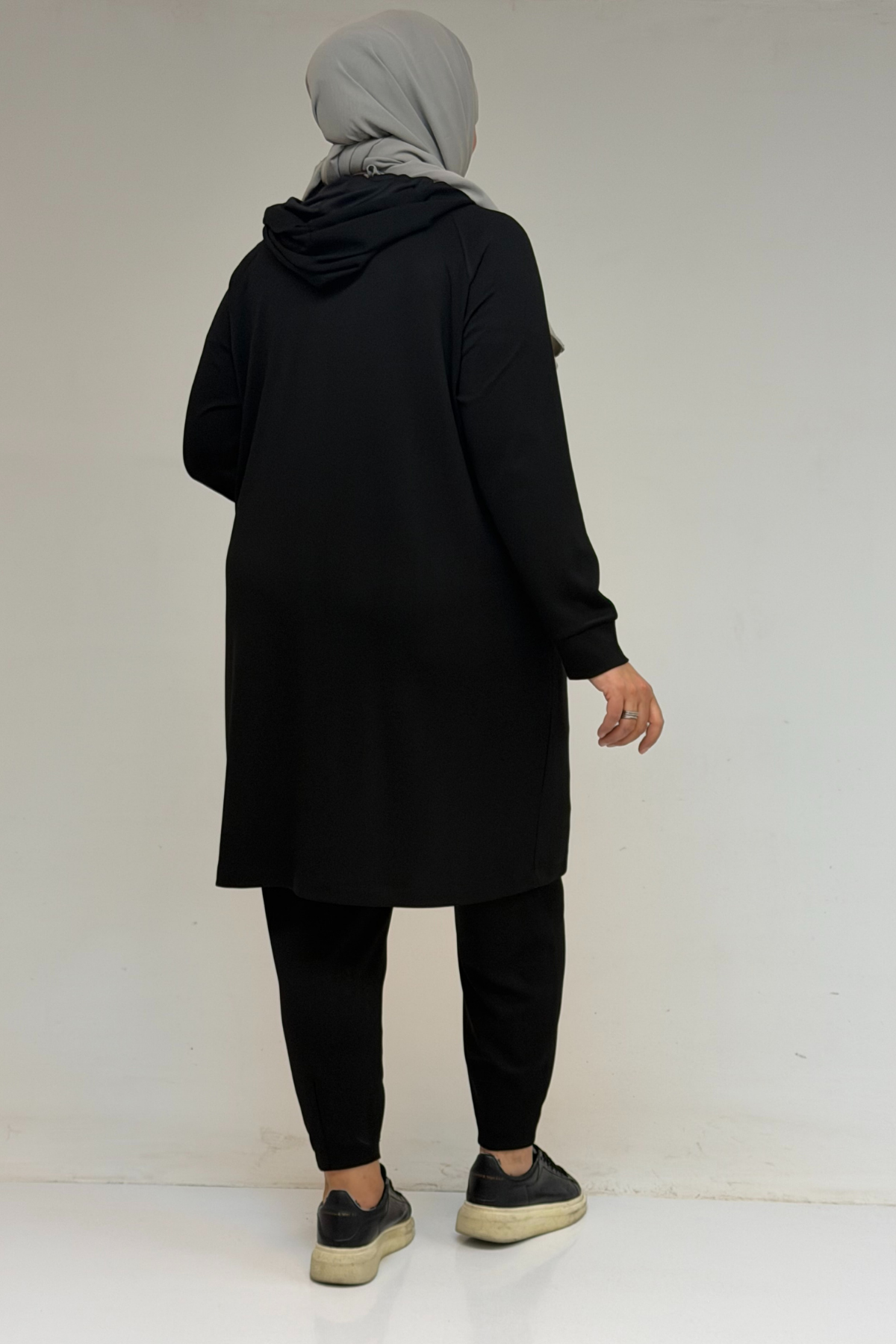 47068 Büyük Beden Çıtçıt Detaylı Modal Tunik Takım - Siyah