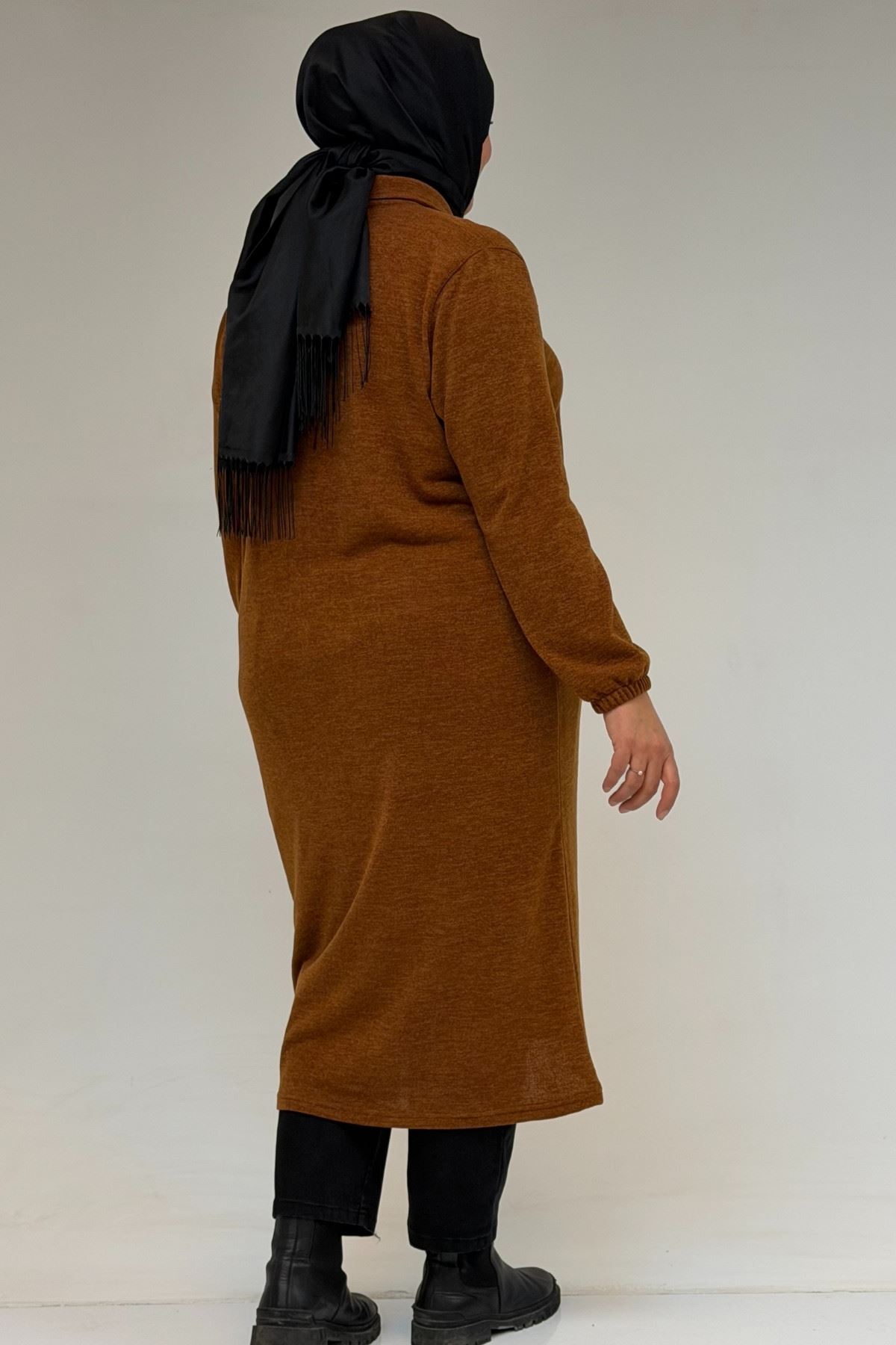 53064 Büyük Beden Fermuarlı Detaylı Mir Ceket - Taba