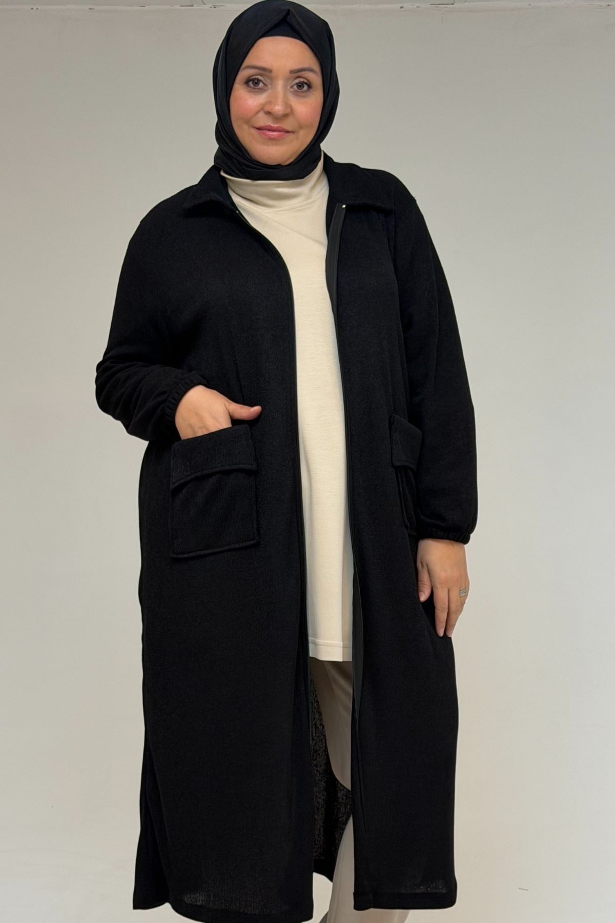 53064 Büyük Beden Fermuarlı Detaylı Mir Ceket - Siyah