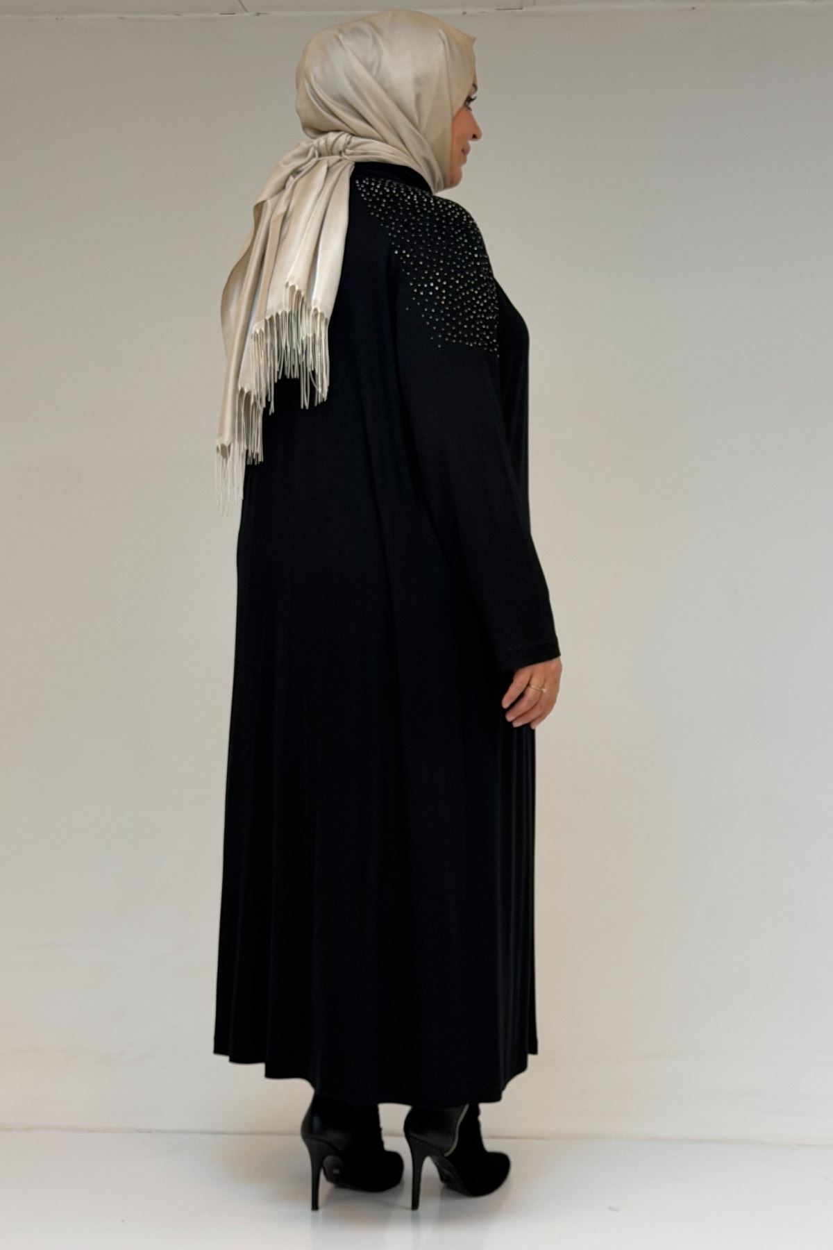 53064 Büyük Beden Fermuarlı Detaylı Mir Ceket - Siyah