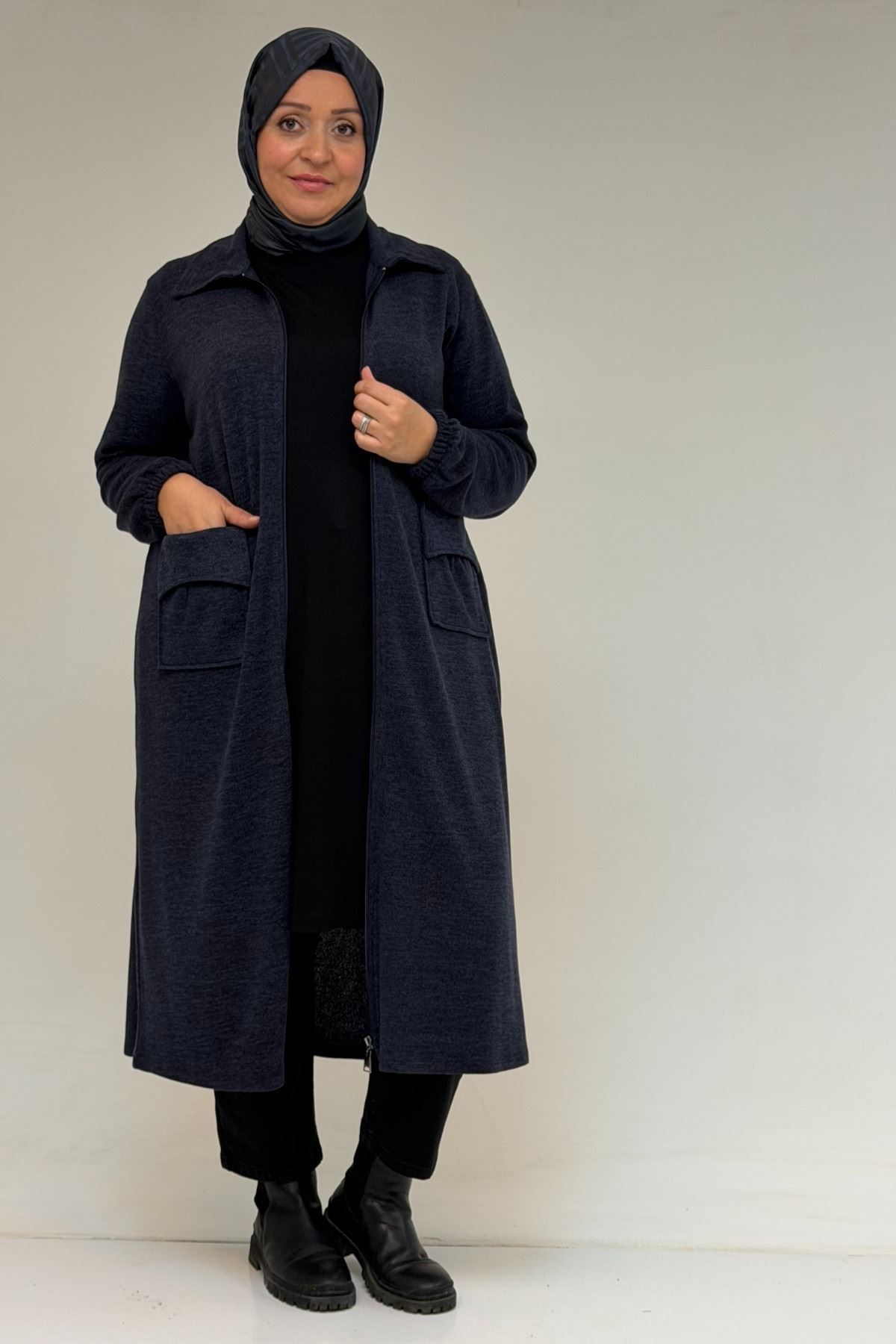 53064 Büyük Beden Fermuarlı Detaylı Mir Ceket - Lacivert