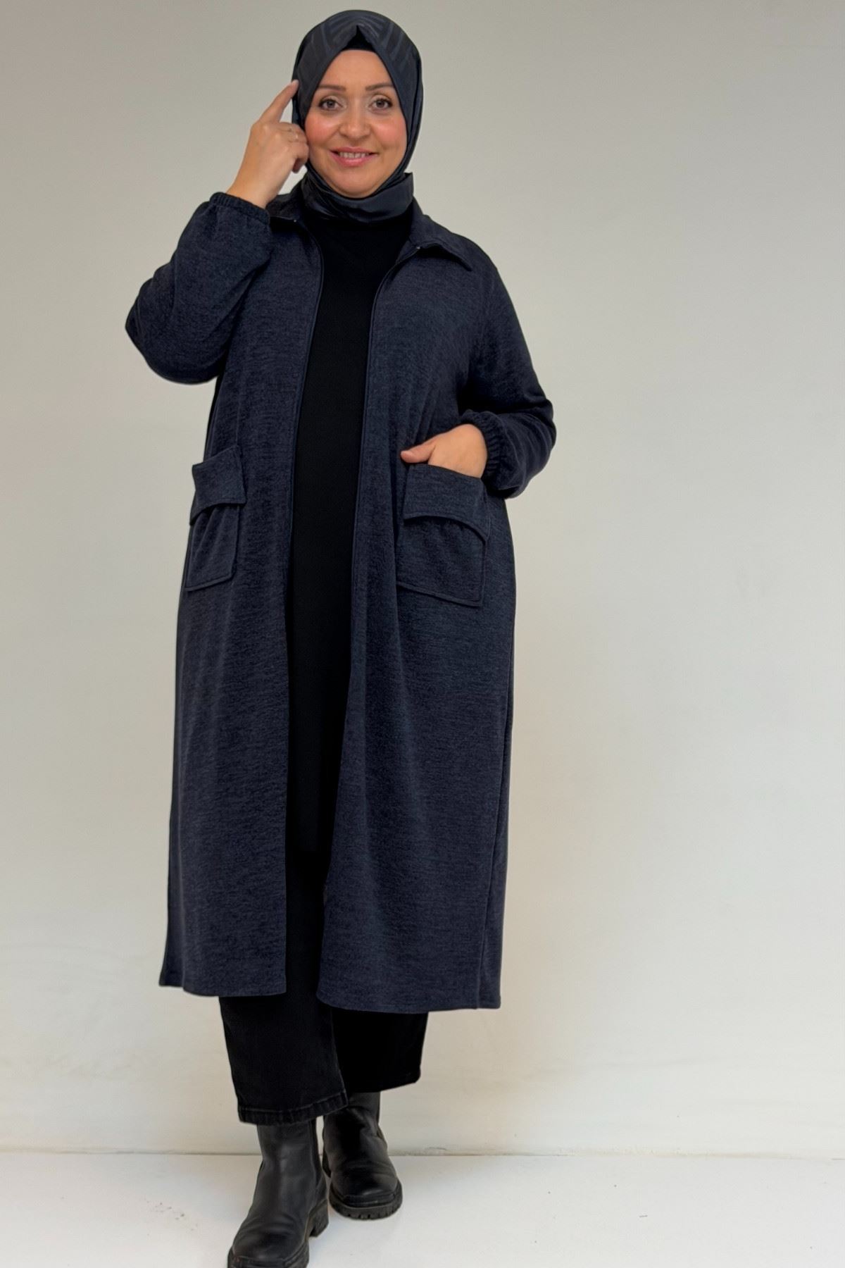 53064 Büyük Beden Fermuarlı Detaylı Mir Ceket - Lacivert