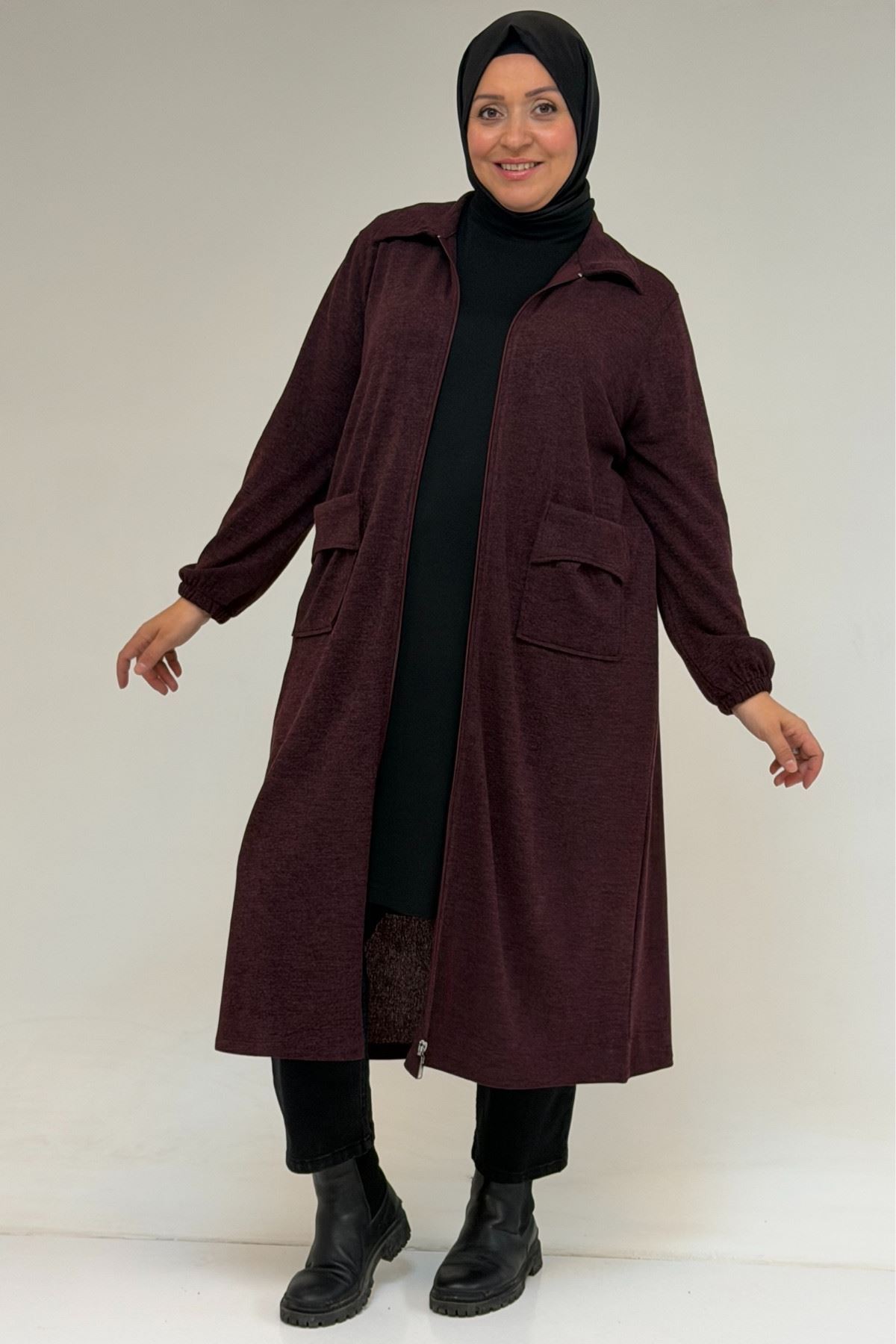 53064 Büyük Beden Fermuarlı Detaylı Mir Ceket - Mürdüm