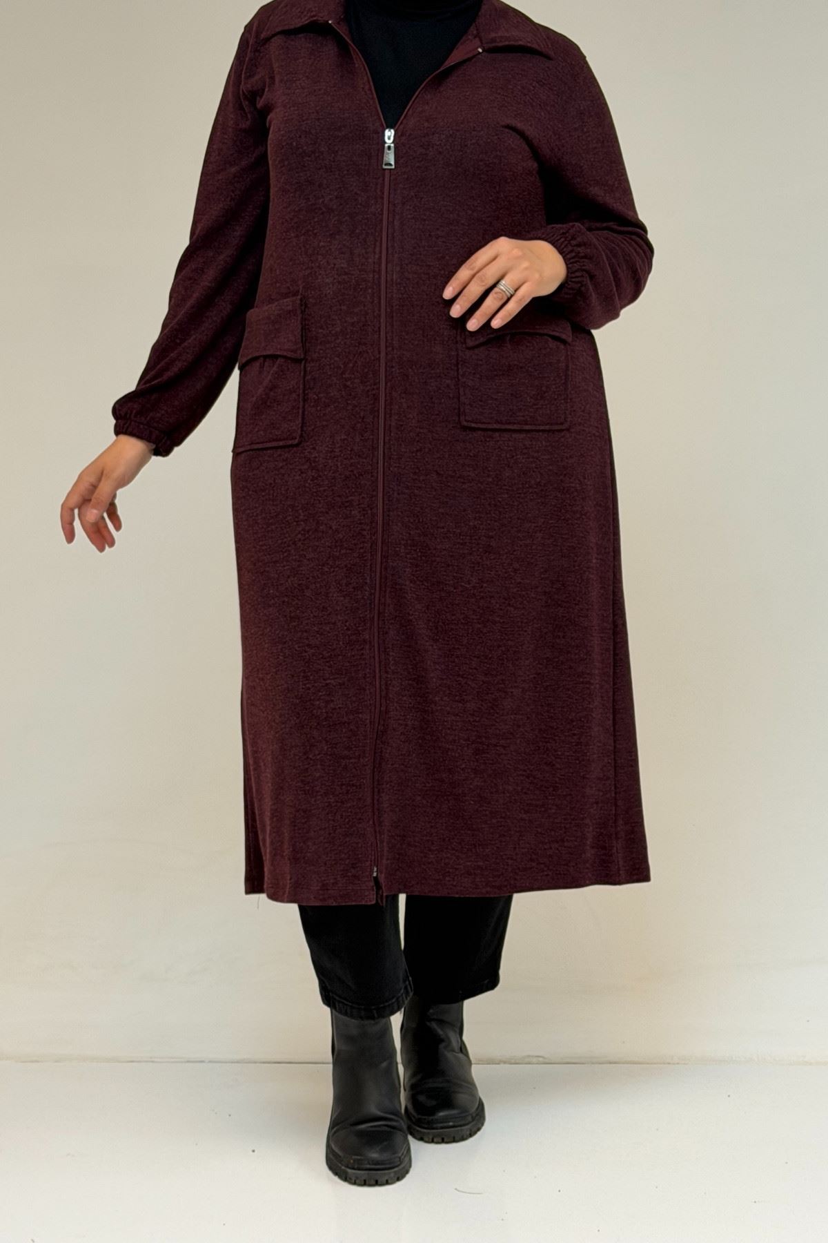 53064 Büyük Beden Fermuarlı Detaylı Mir Ceket - Mürdüm