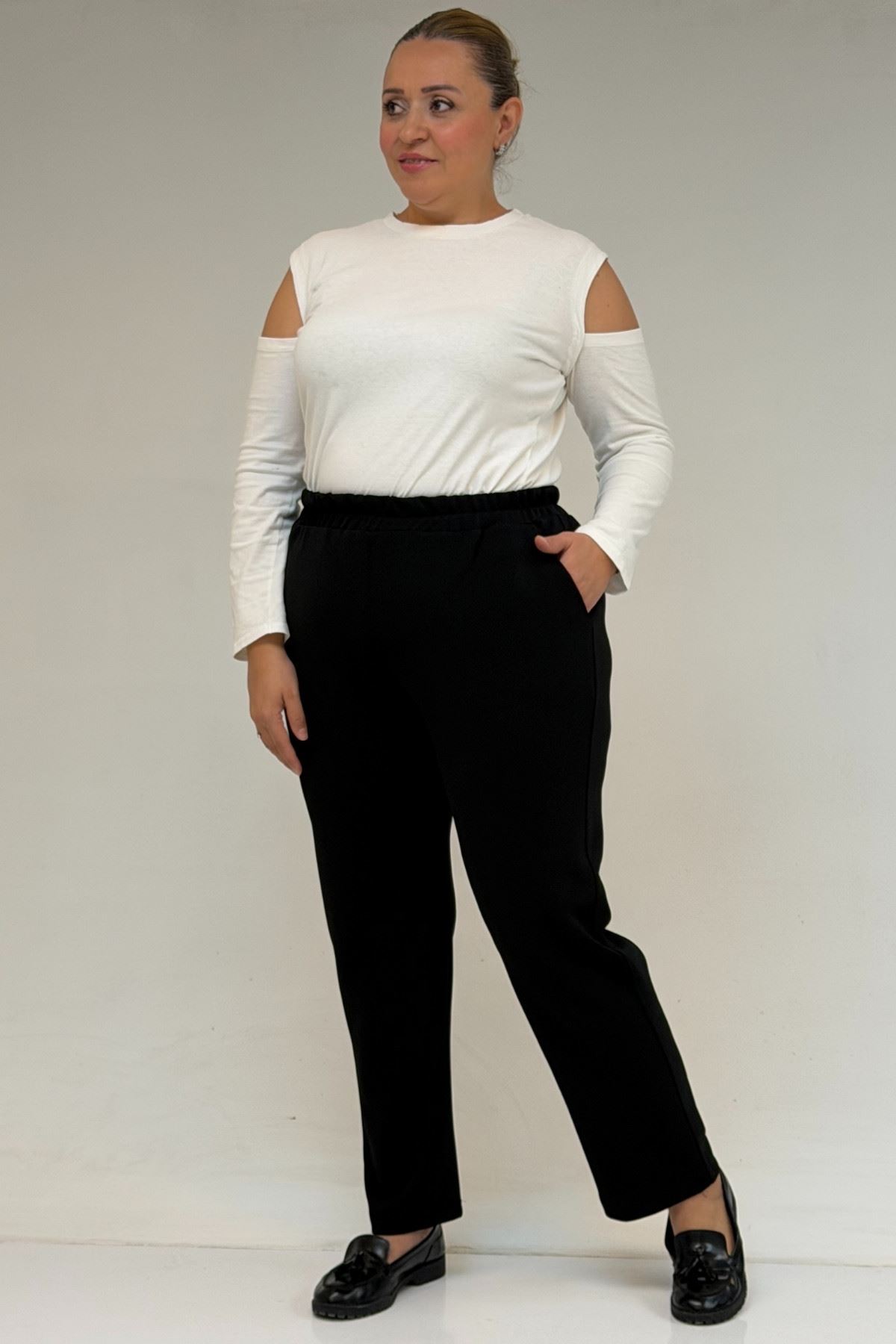 59043 Büyük Beden Yüksek Bel Lastikli Çelik Pantolon - Siyah