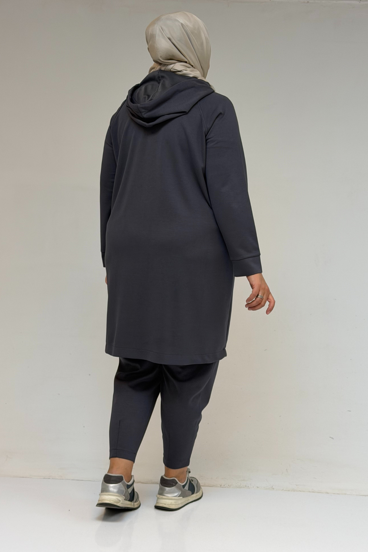 47068 Büyük Beden Çıtçıt Detaylı Modal Tunik Takım  - Antrasit