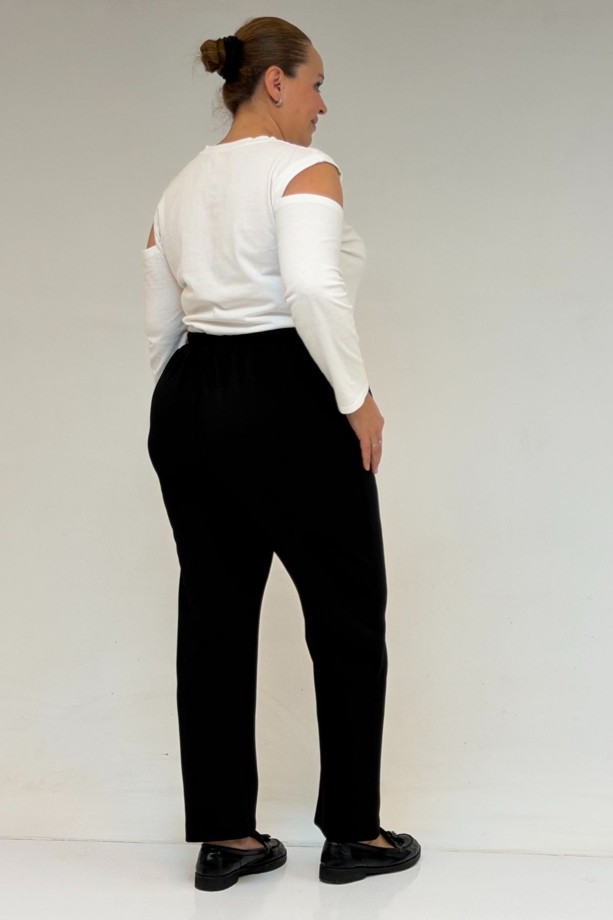 59043 Büyük Beden Yüksek Bel Lastikli Çelik Pantolon - Siyah