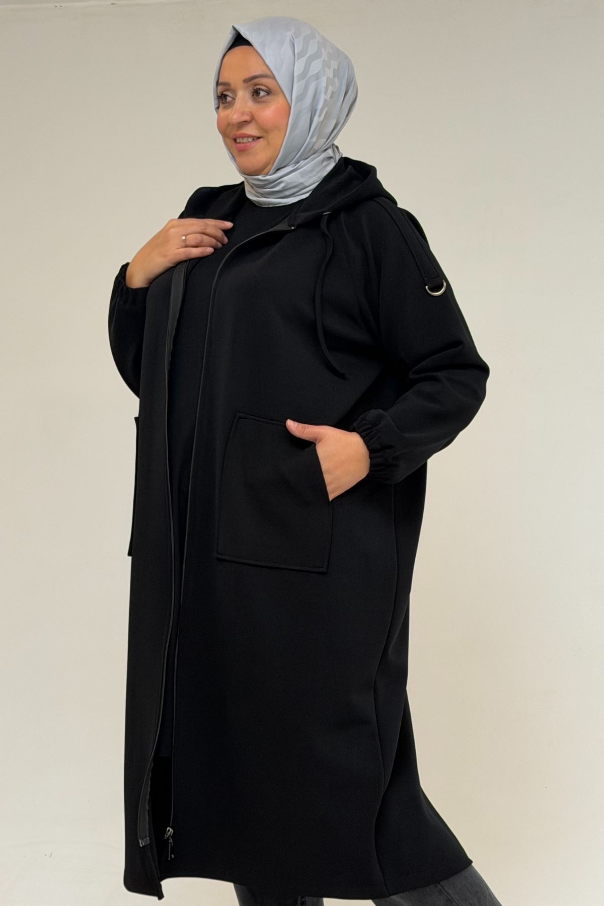 53074 Büyük Beden Fermuarlı Reglan Kol Çelik Ceket - Siyah