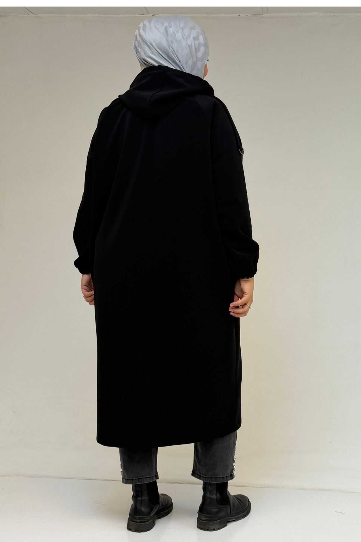 53074 Büyük Beden Fermuarlı Reglan Kol Çelik Ceket - Siyah