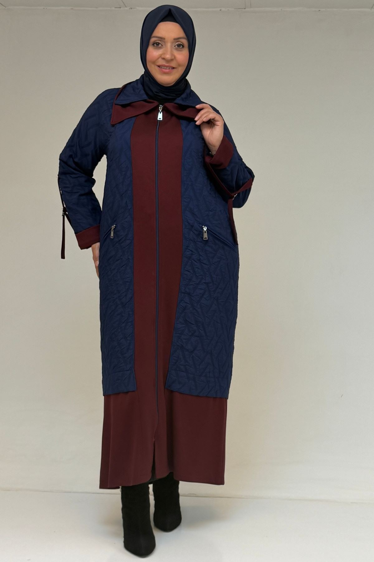 46018 Büyük Beden Fermuar Cepli Modal-Kapitone Kaban - İndigo-Bordo