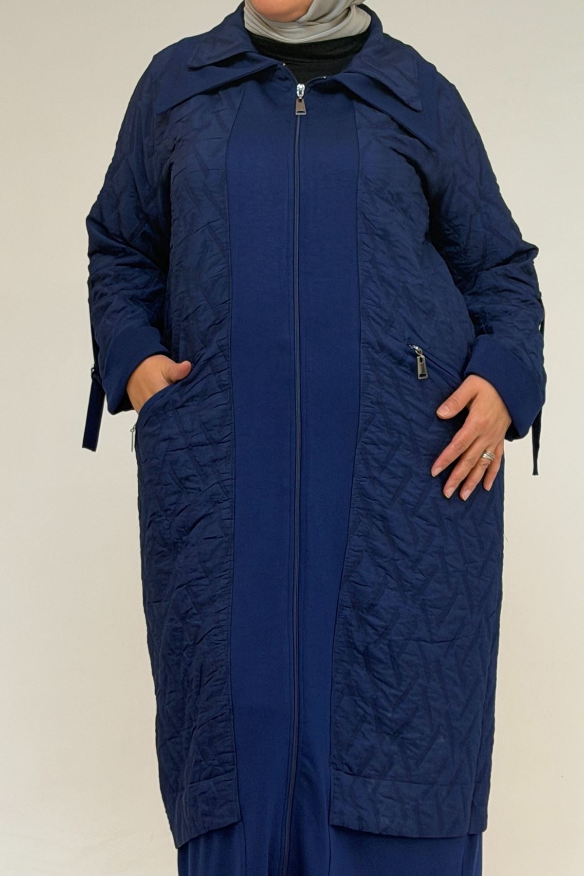 46018 Büyük Beden Fermuar Cepli Modal-Kapitone Kaban - İndigo-İndigo