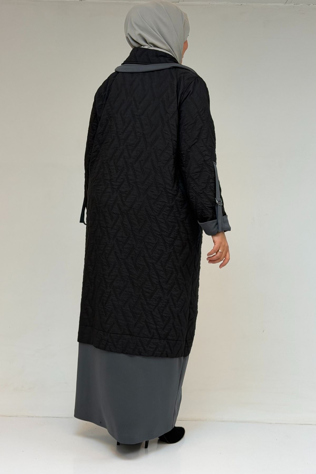 46018 Büyük Beden Fermuar Cepli Modal-Kapitone Kaban - Siyah-Antrasit