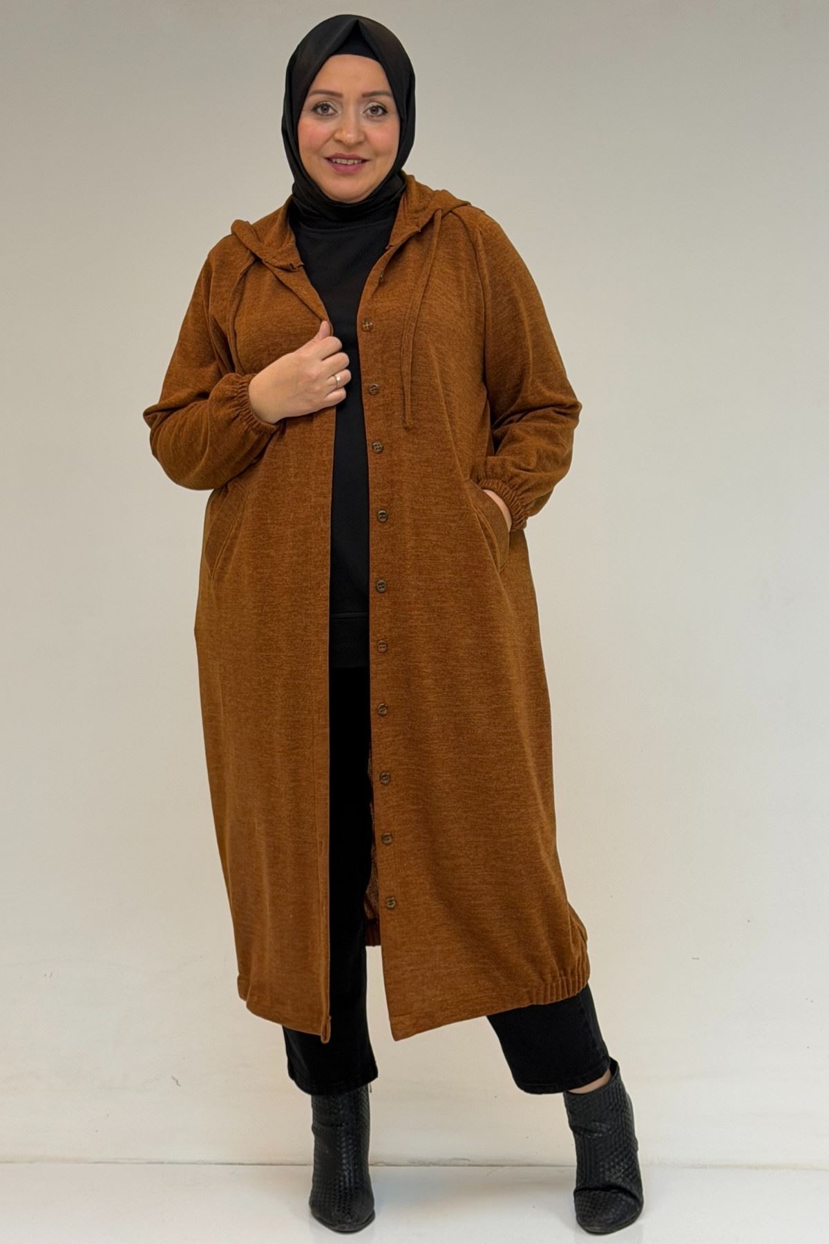 53065 Büyük Beden Kapüşonlu - Düğmeli Mir Ceket - Taba