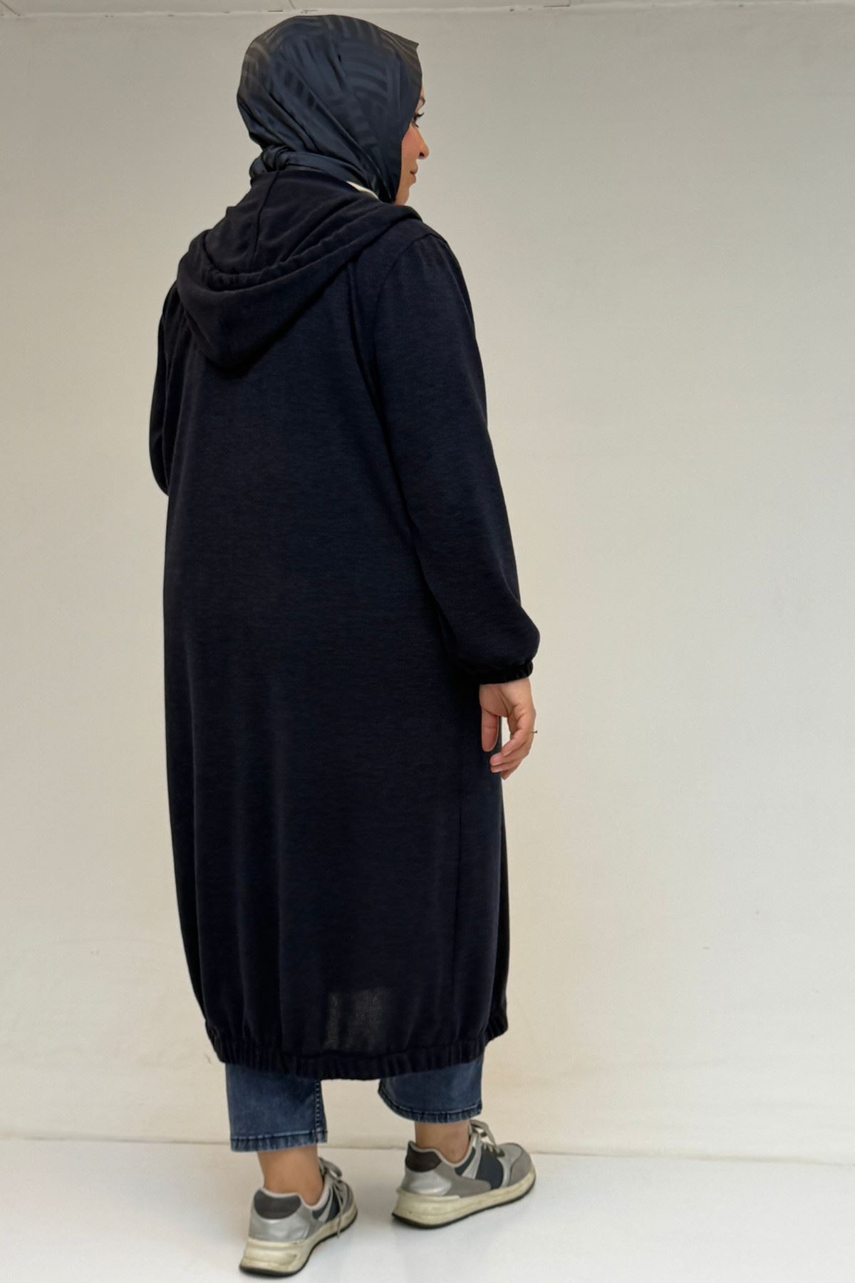 53065 Büyük Beden Kapüşonlu - Düğmeli Mir Ceket - Lacivert