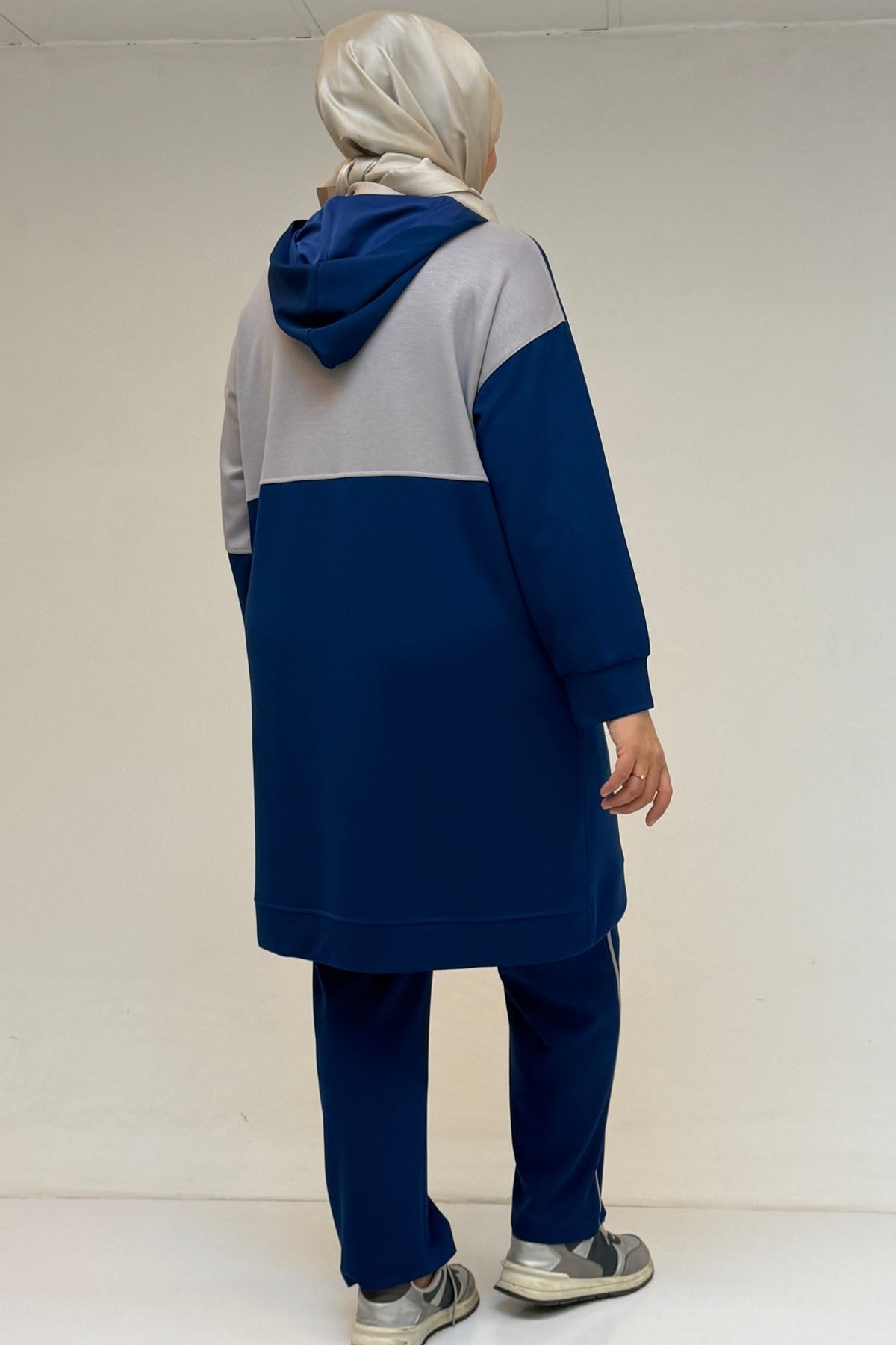 47100 Büyük Beden Garnili -Biyeli Pantolonlu Modal Takım - İndigo