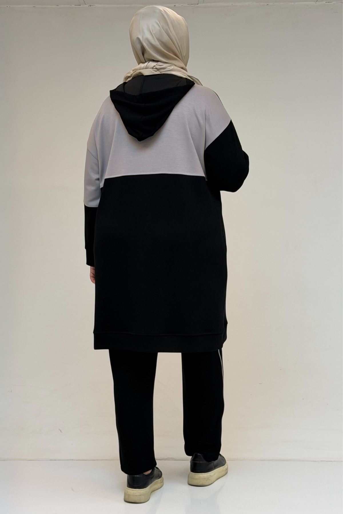 47100 Büyük Beden Garnili -Biyeli Pantolonlu Modal Takım - Siyah