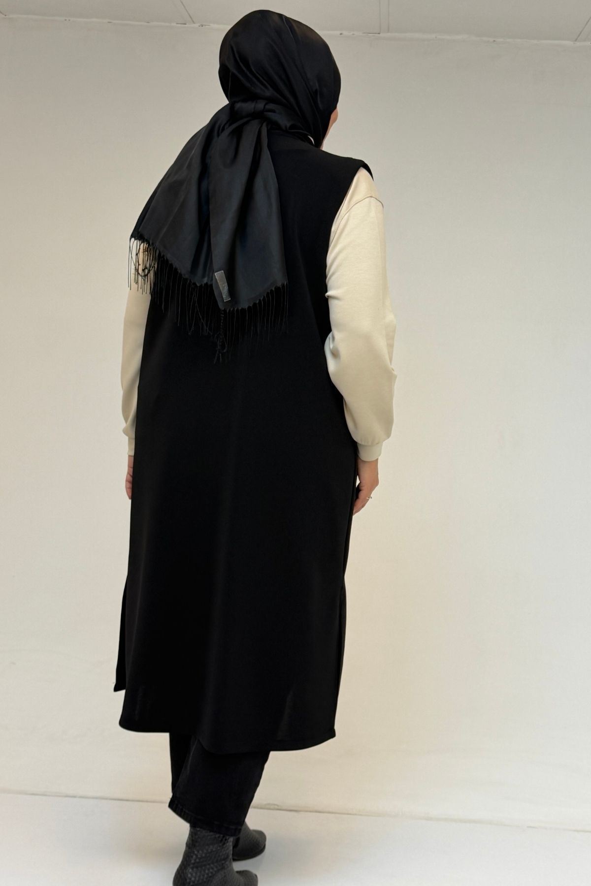 54016 Büyük Beden Yırtmaçlı Uzun Çelik Yelek - Siyah