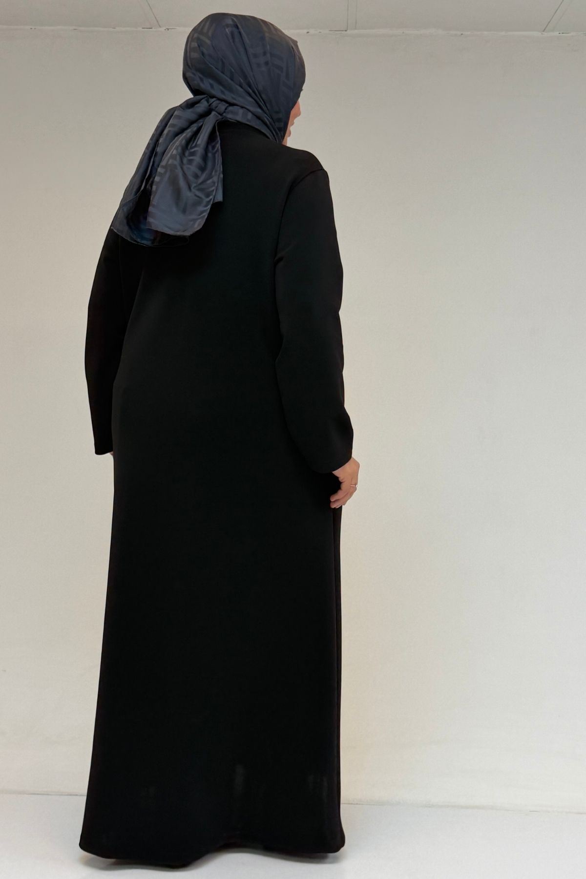 56020 Büyük Beden Boydan Fermuarlı Çelik Ferace - Siyah