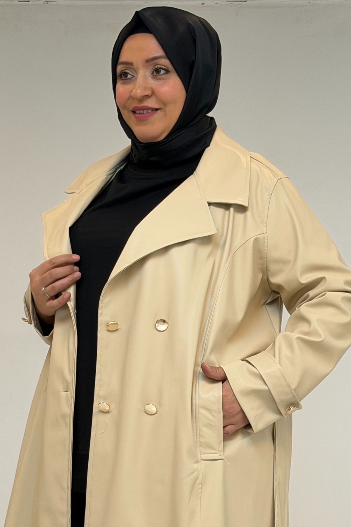 53073 Büyük Beden Kemerli Deri Trençkot - Bej