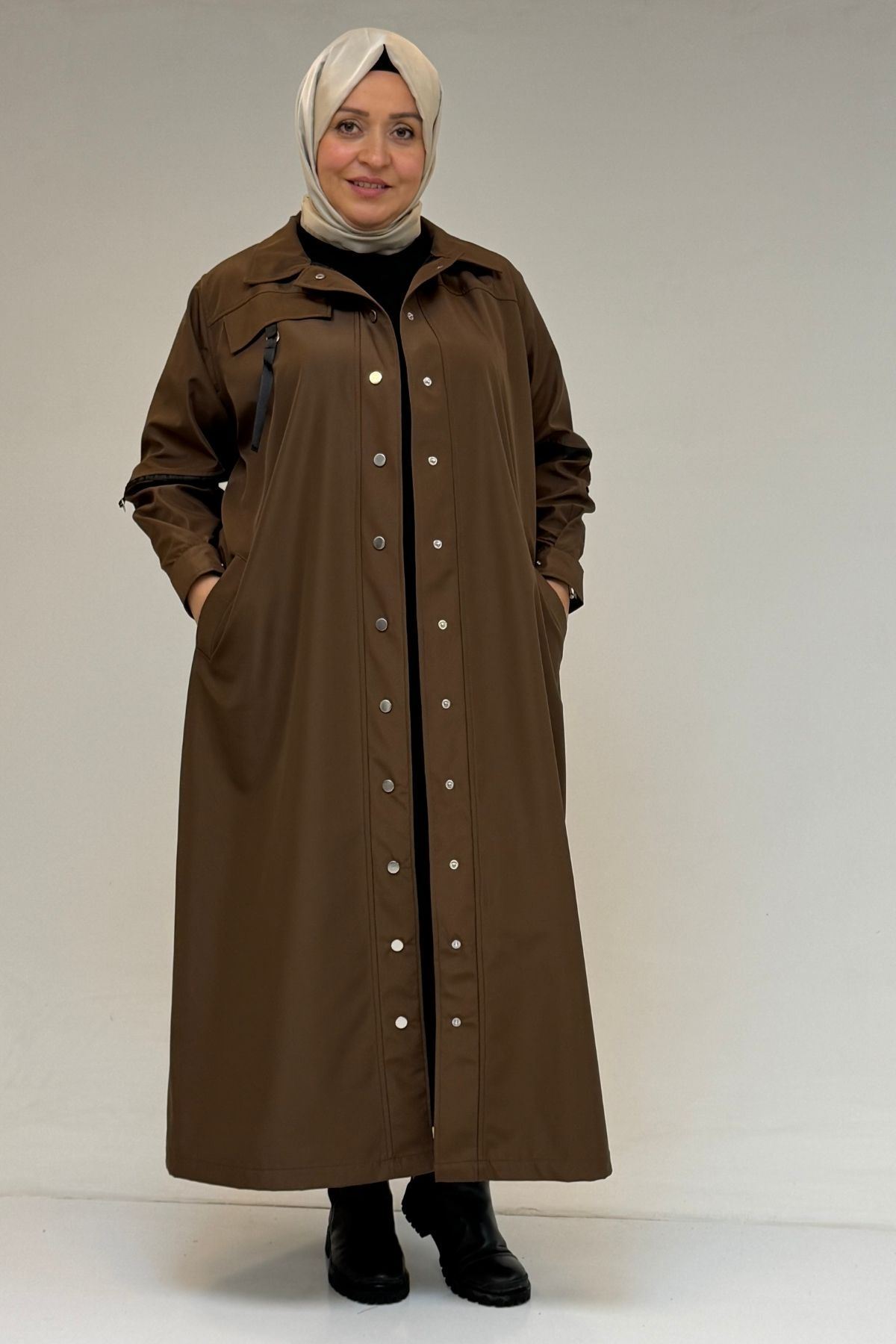 53062 Büyük Beden Sahte Cep Detaylı Bondit Trençkot - Kahve
