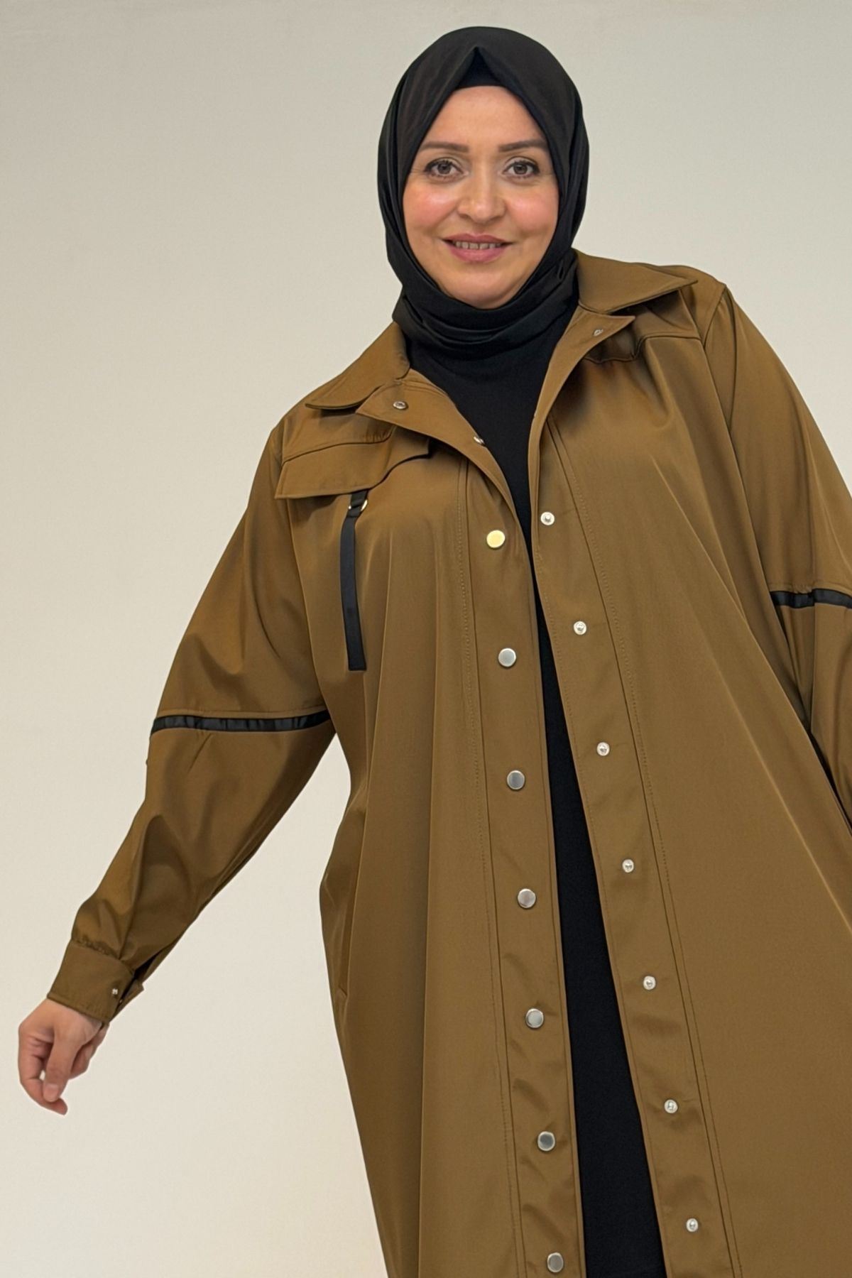 53062 Büyük Beden Sahte Cep Detaylı Bondit Trençkot - Taba