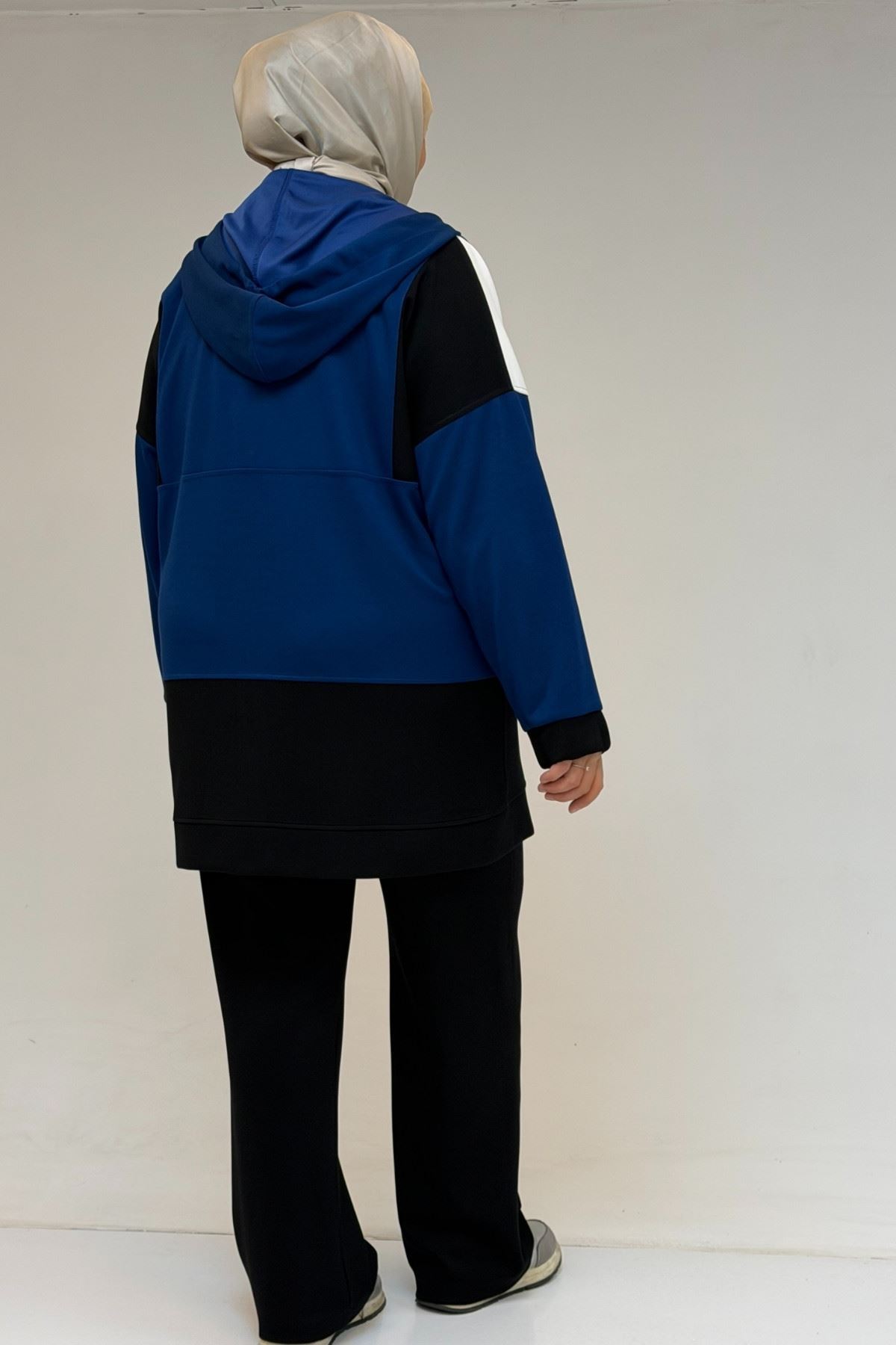 47056 Büyük Beden Garnili Boydan Fermuarlı Pantolonlu Modal Takım - İndigo-Siyah