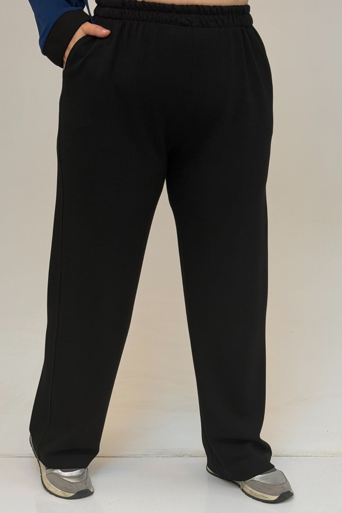 47056 Büyük Beden Garnili Boydan Fermuarlı Pantolonlu Modal Takım - İndigo-Siyah