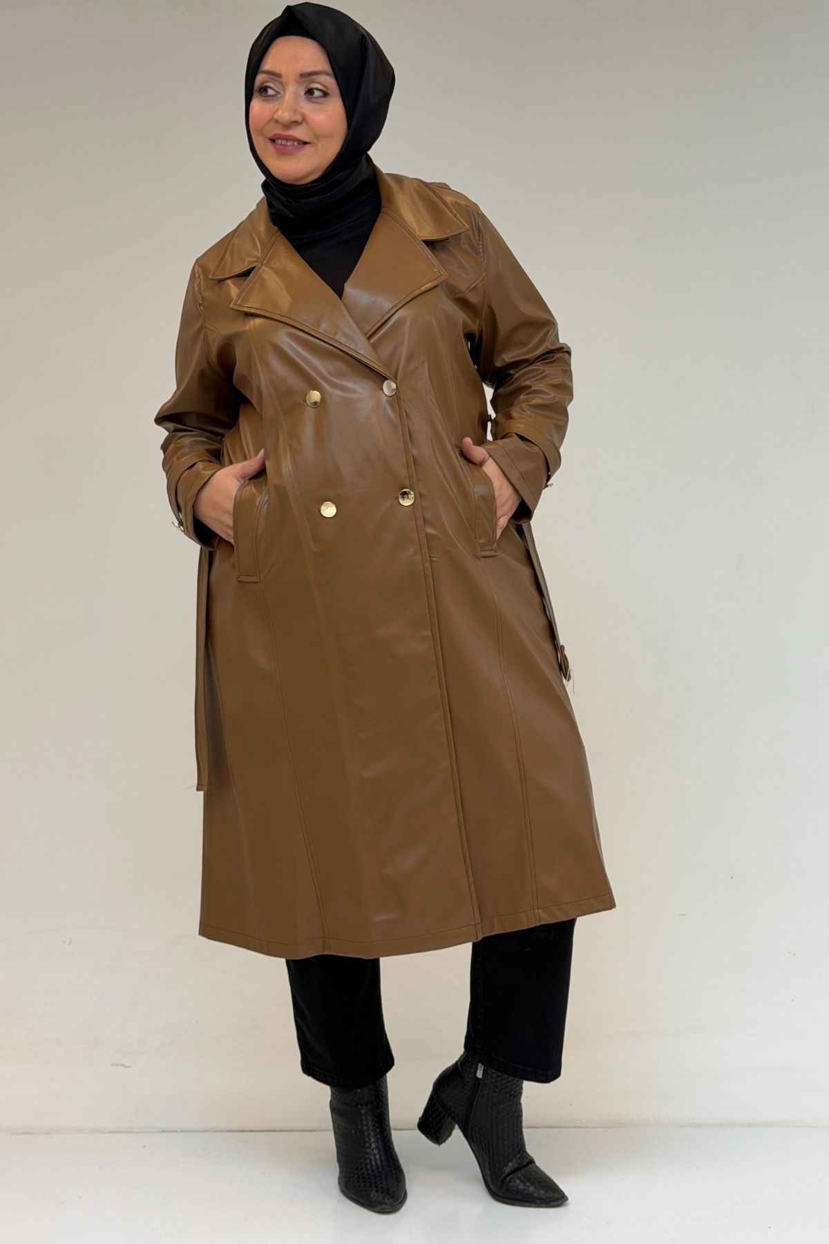 53073 Büyük Beden Kemerli Deri Trençkot - Sütlü Kahve