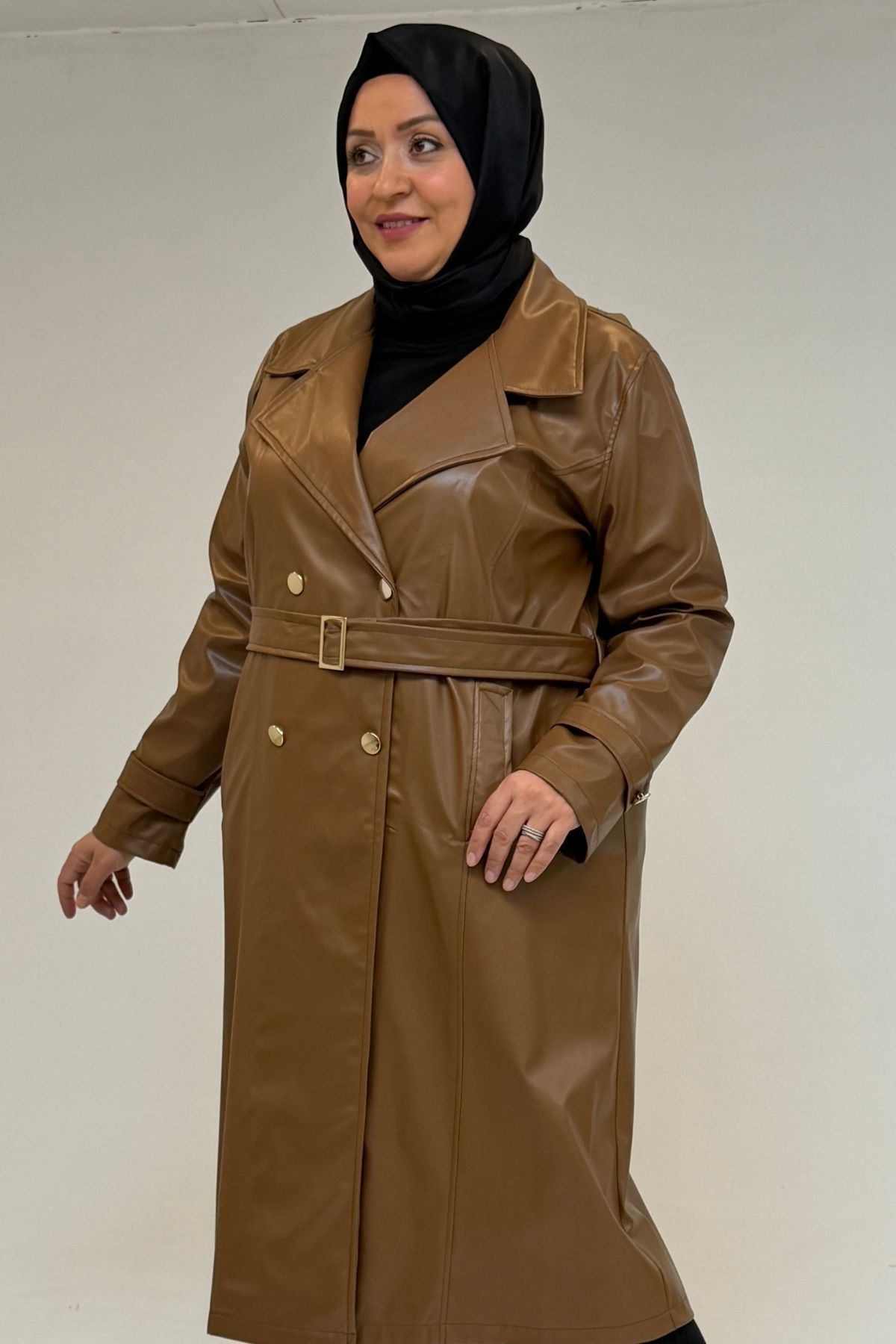 53073 Büyük Beden Kemerli Deri Trençkot - Sütlü Kahve