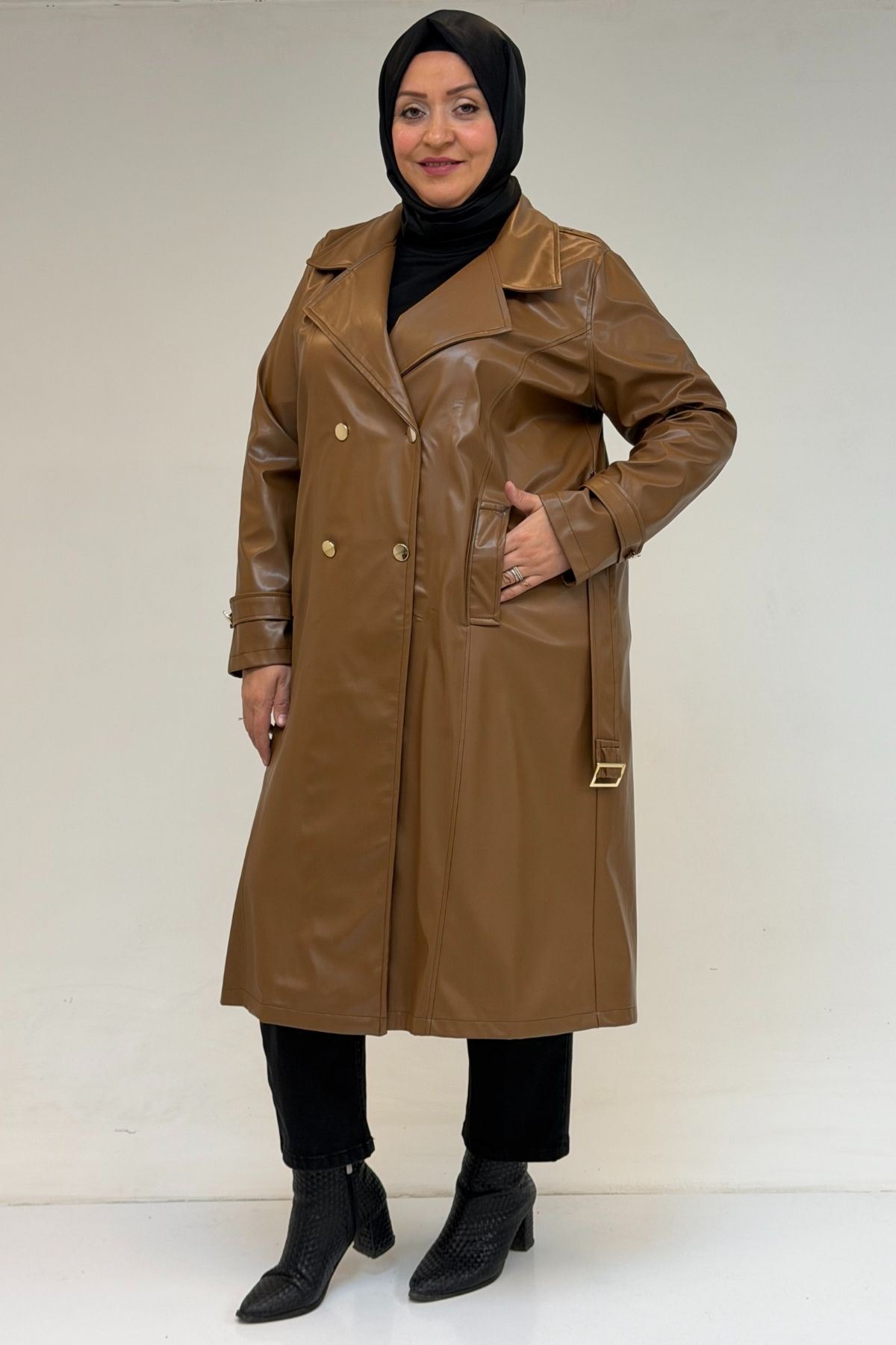 53073 Büyük Beden Kemerli Deri Trençkot - Sütlü Kahve