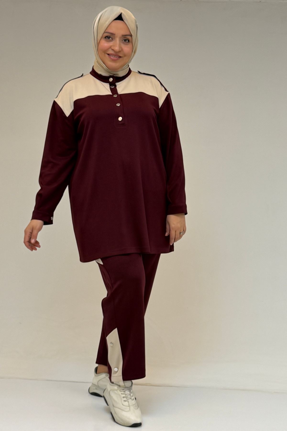 57042 Büyük Beden Yarım Patlı Çıtçıtlı Modal Pantolonlu Takım - Bordo