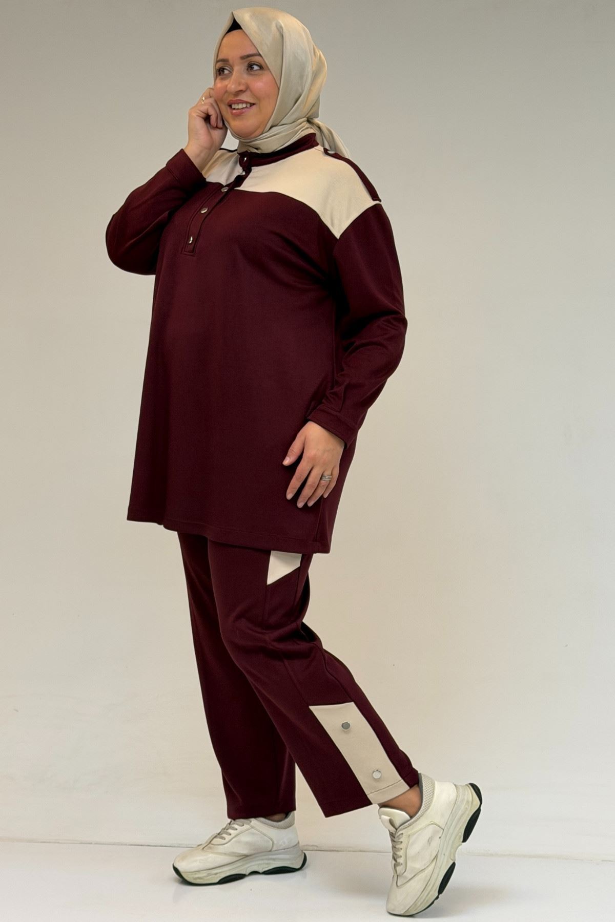 57042 Büyük Beden Yarım Patlı Çıtçıtlı Modal Pantolonlu Takım - Bordo