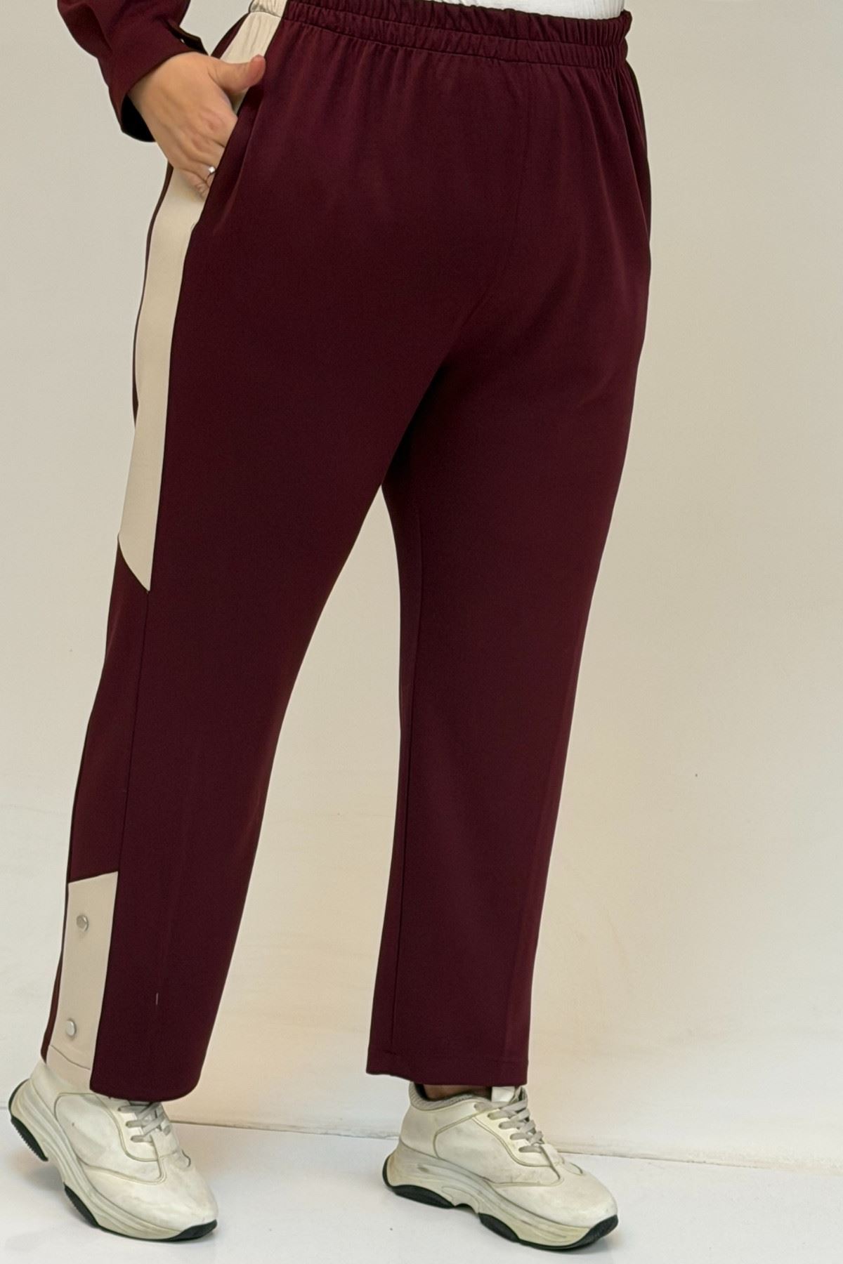57042 Büyük Beden Yarım Patlı Çıtçıtlı Modal Pantolonlu Takım - Bordo