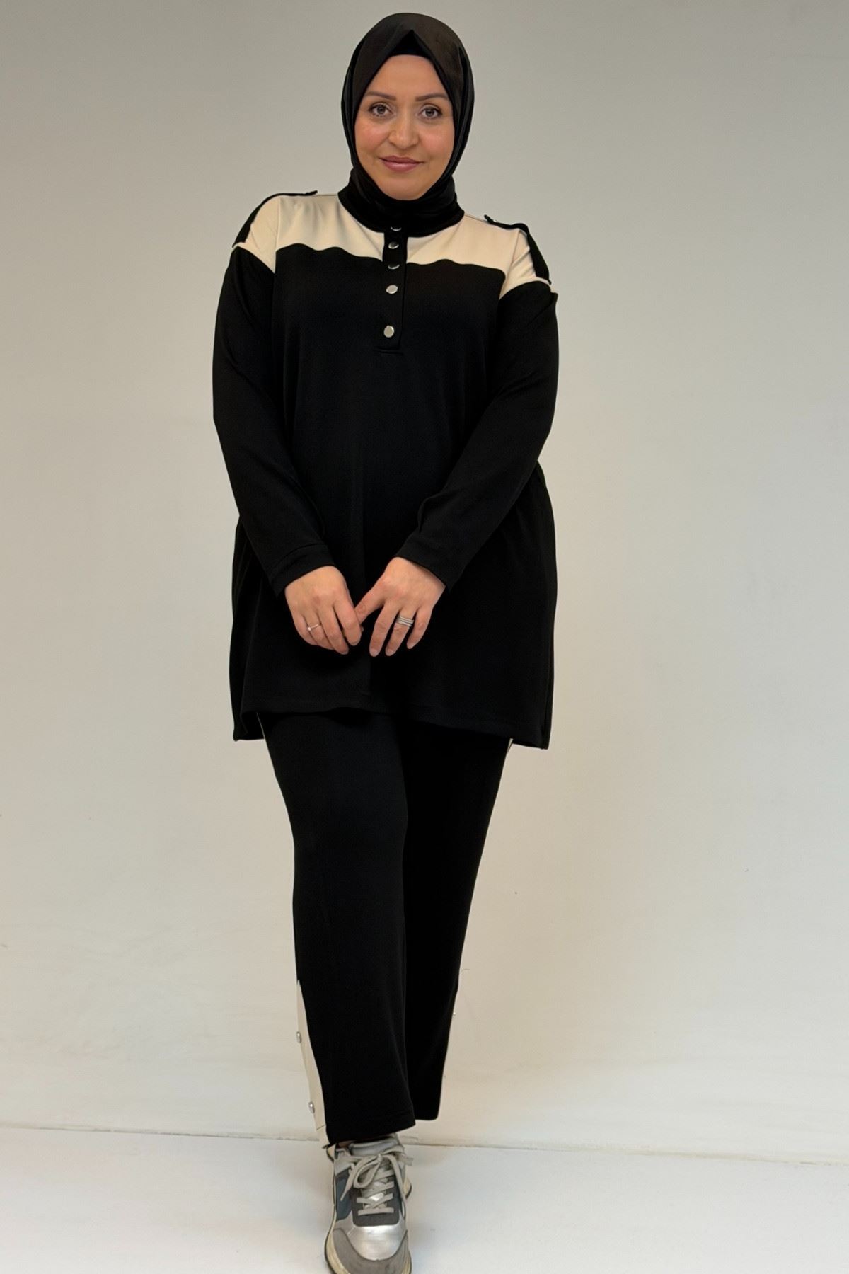 57042 Büyük Beden Yarım Patlı Çıtçıtlı Modal Pantolonlu Takım - Siyah