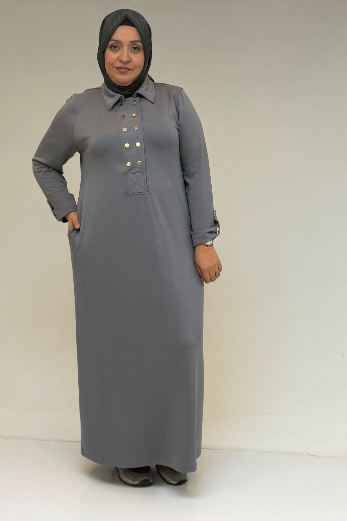 52026 Büyük Beden Katlama Detaylı Erkek Yakalı Modal Elbise - Gri