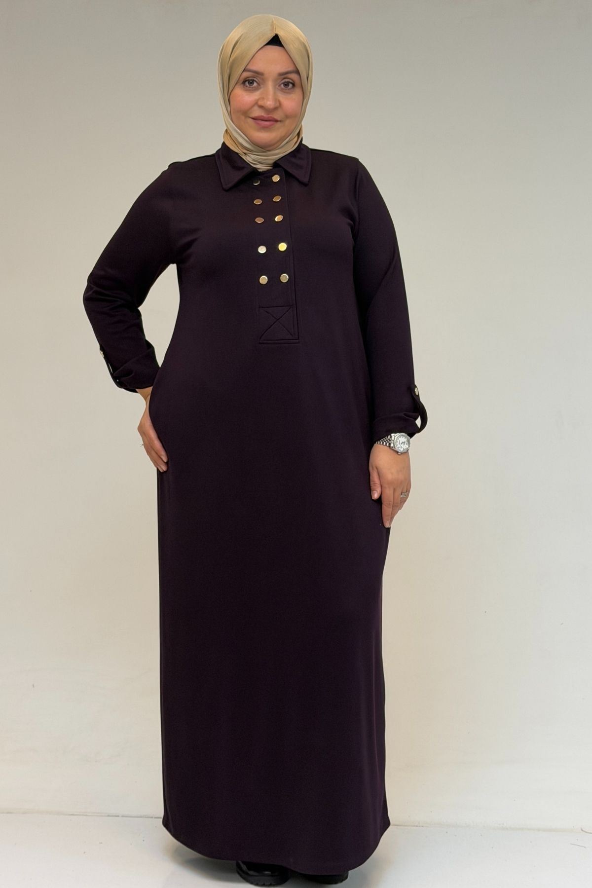 52026 Büyük Beden Katlama Detaylı Erkek Yakalı Modal Elbise - Mürdüm