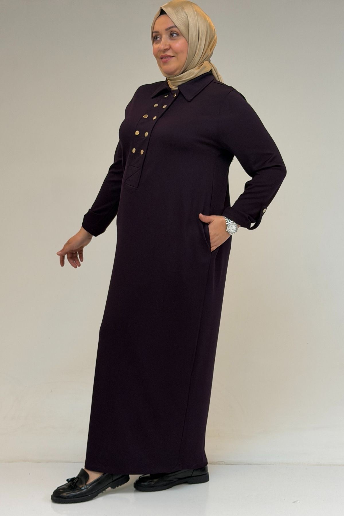 52026 Büyük Beden Katlama Detaylı Erkek Yakalı Modal Elbise - Mürdüm