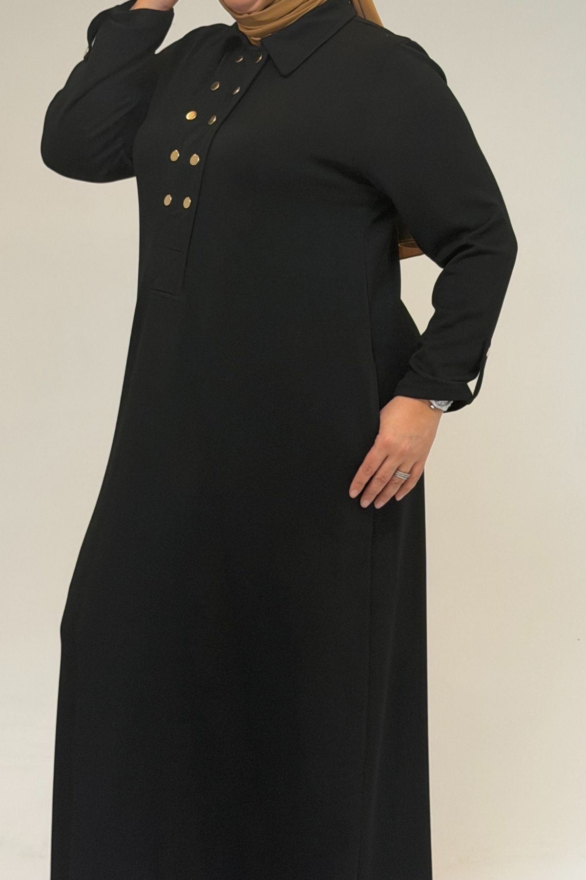 52026 Büyük Beden Katlama Detaylı Erkek Yakalı Modal Elbise - Siyah